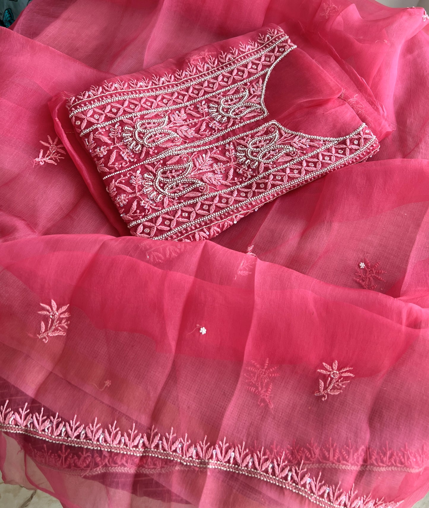 Gajri pink Chikankari pearl sequins pure Organza kurta with dupatta
