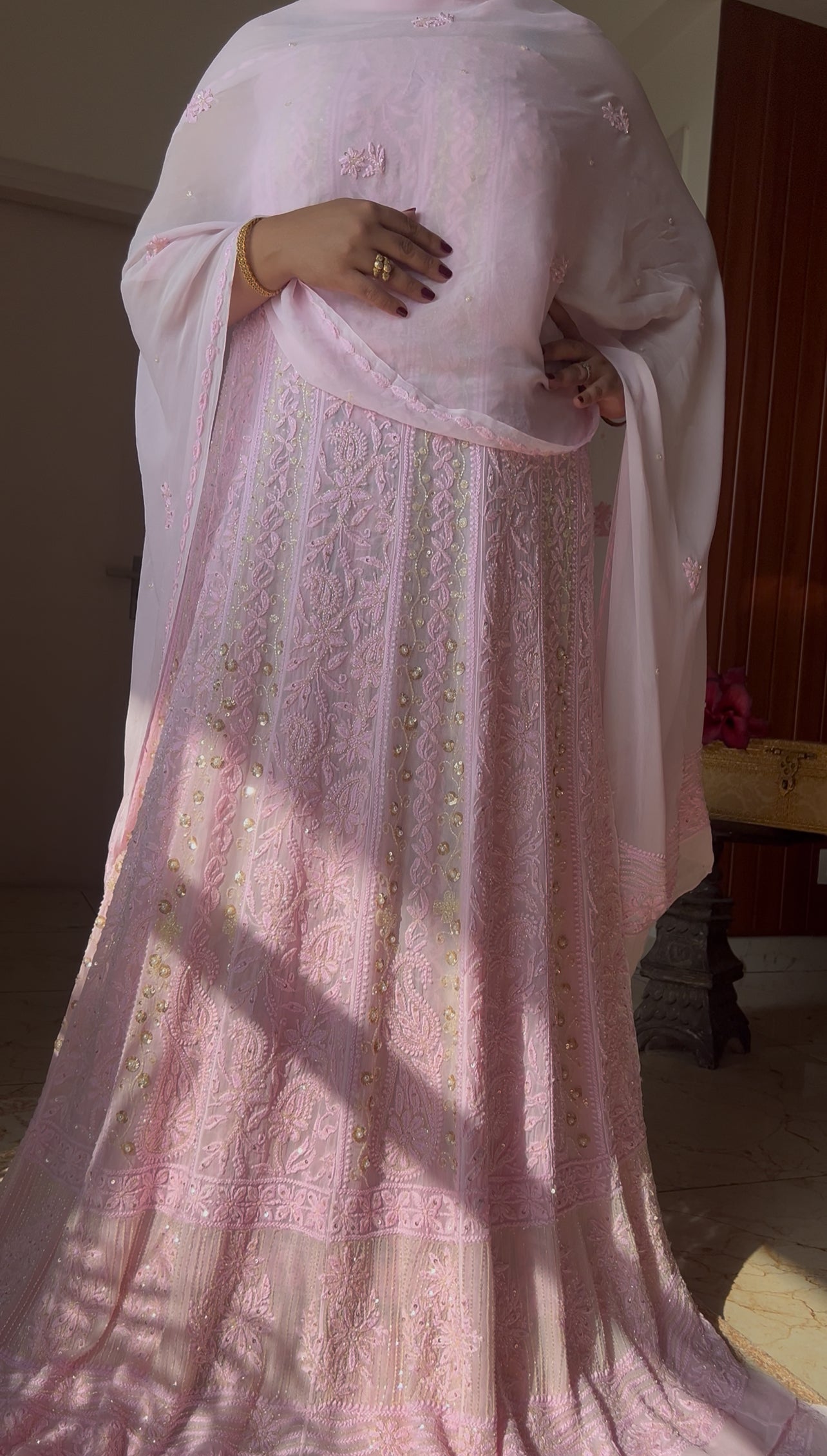 Pretty pink Chikankari Sequins Cut Dana pearl Anarkali