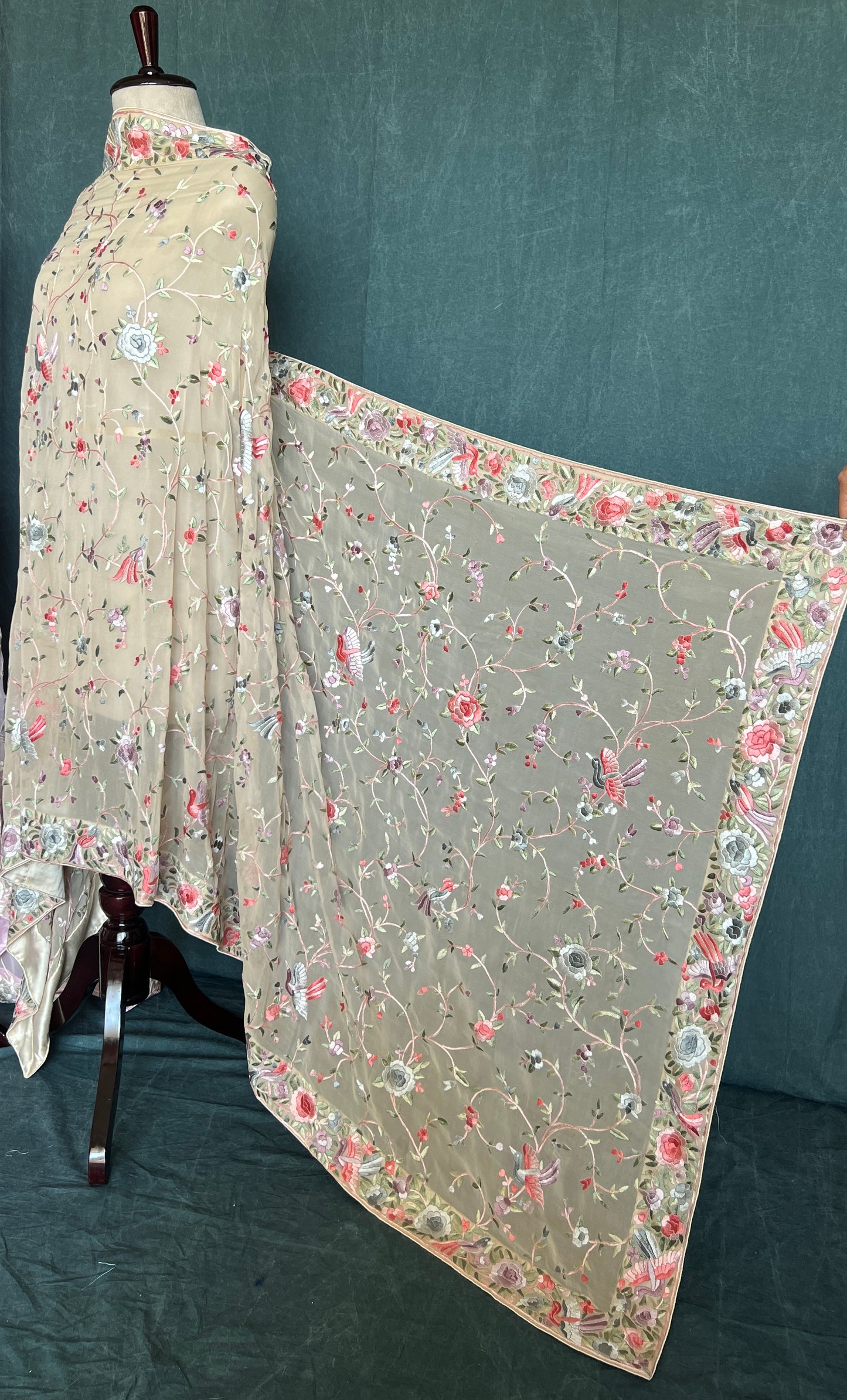 Beige Parsi Gara Hand Embroidered Dupatta