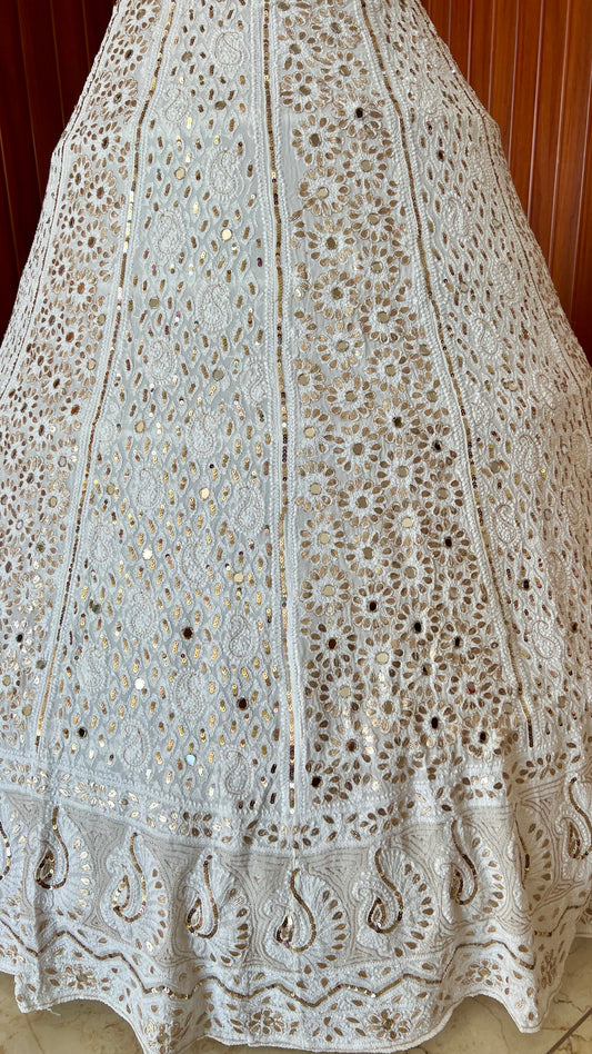 White lehenga skirt with allover Chikankari sequins and gota patti