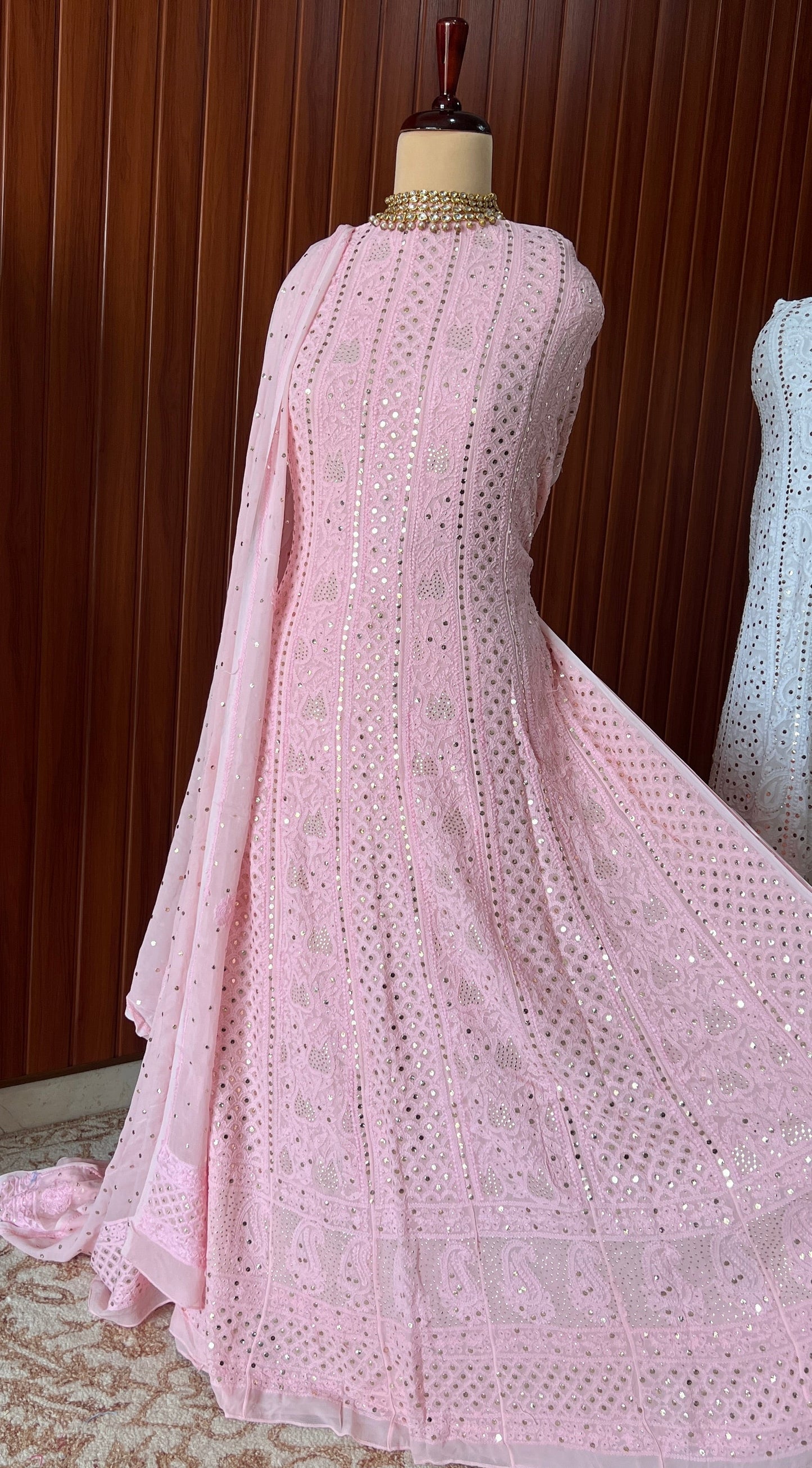Pink allover Chikankari and mukaish anarkali with dupatta