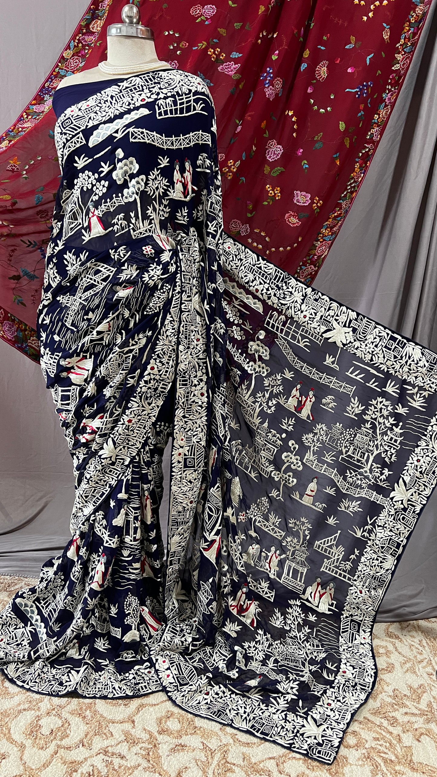 Navy Blue Masterpiece Chinese pattern Parsi Gara Pure Georgette Saree