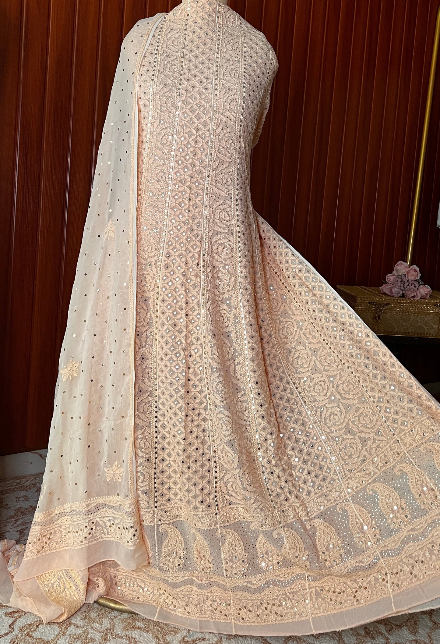 Dusty peach allover Chikankari and mukaish anarkali with dupatta