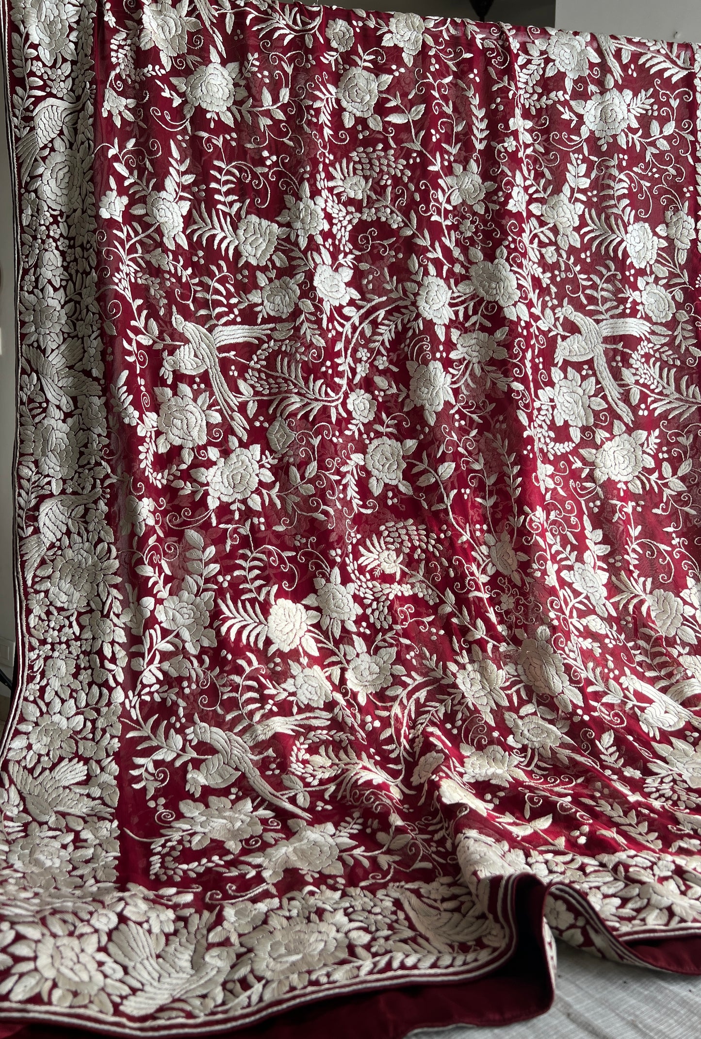 Ruby Red Masterpiece Heavy Parsi Gara Hand Embroidered Dupatta