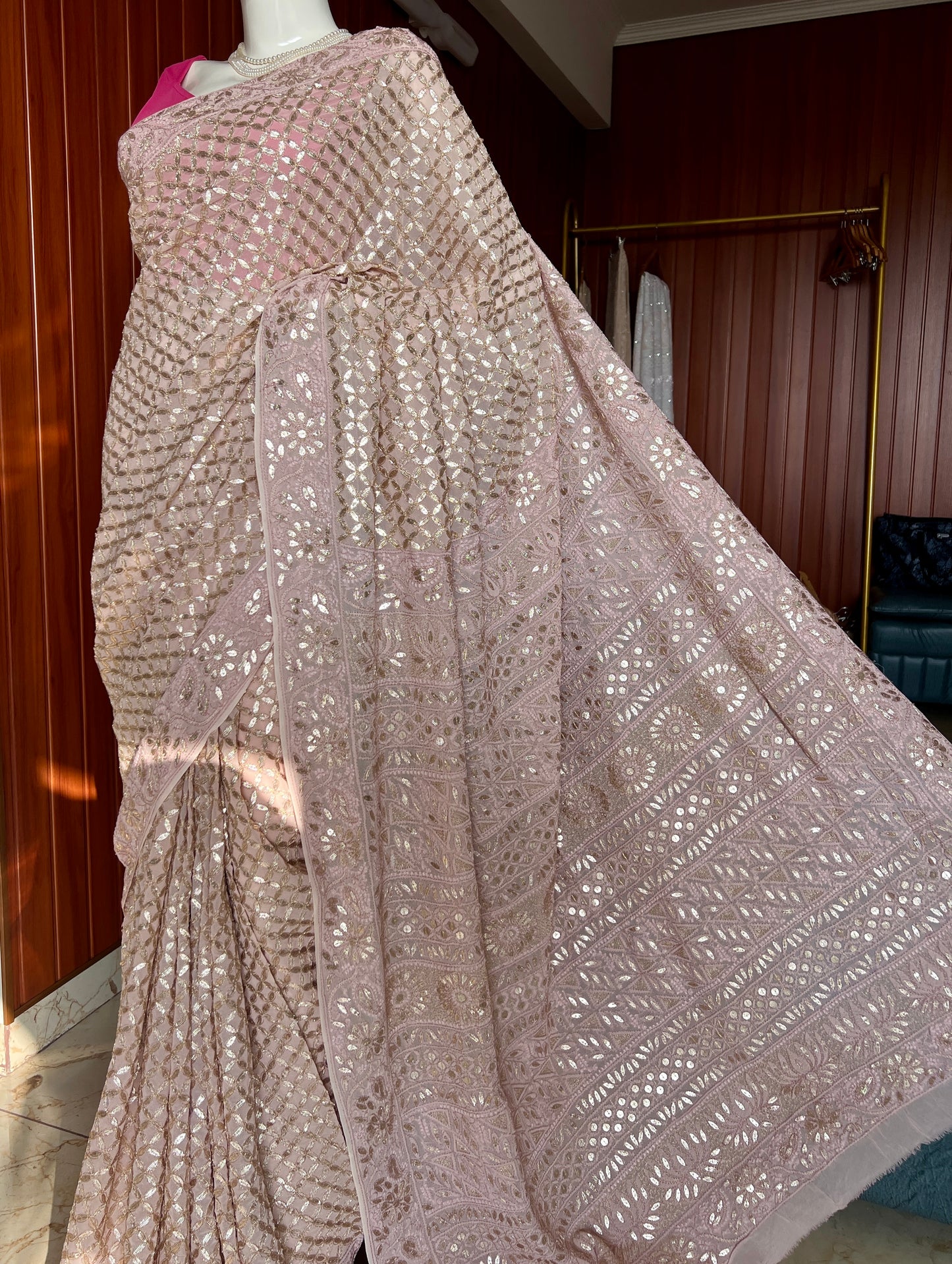 Ruhani Dusty Pink Chikankari and Gota Patti Saree