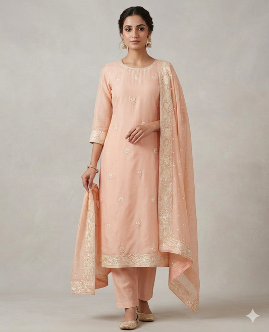 Blush peach Parsi Gara Hand Embroidered Full suit