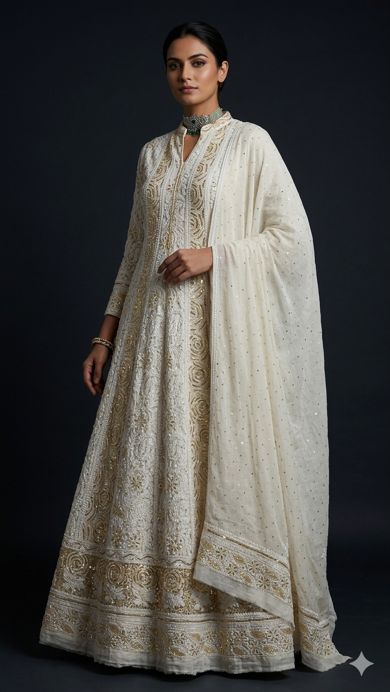 Ruhani Off white Chikankari Sequins and Cut Dana Anarkali