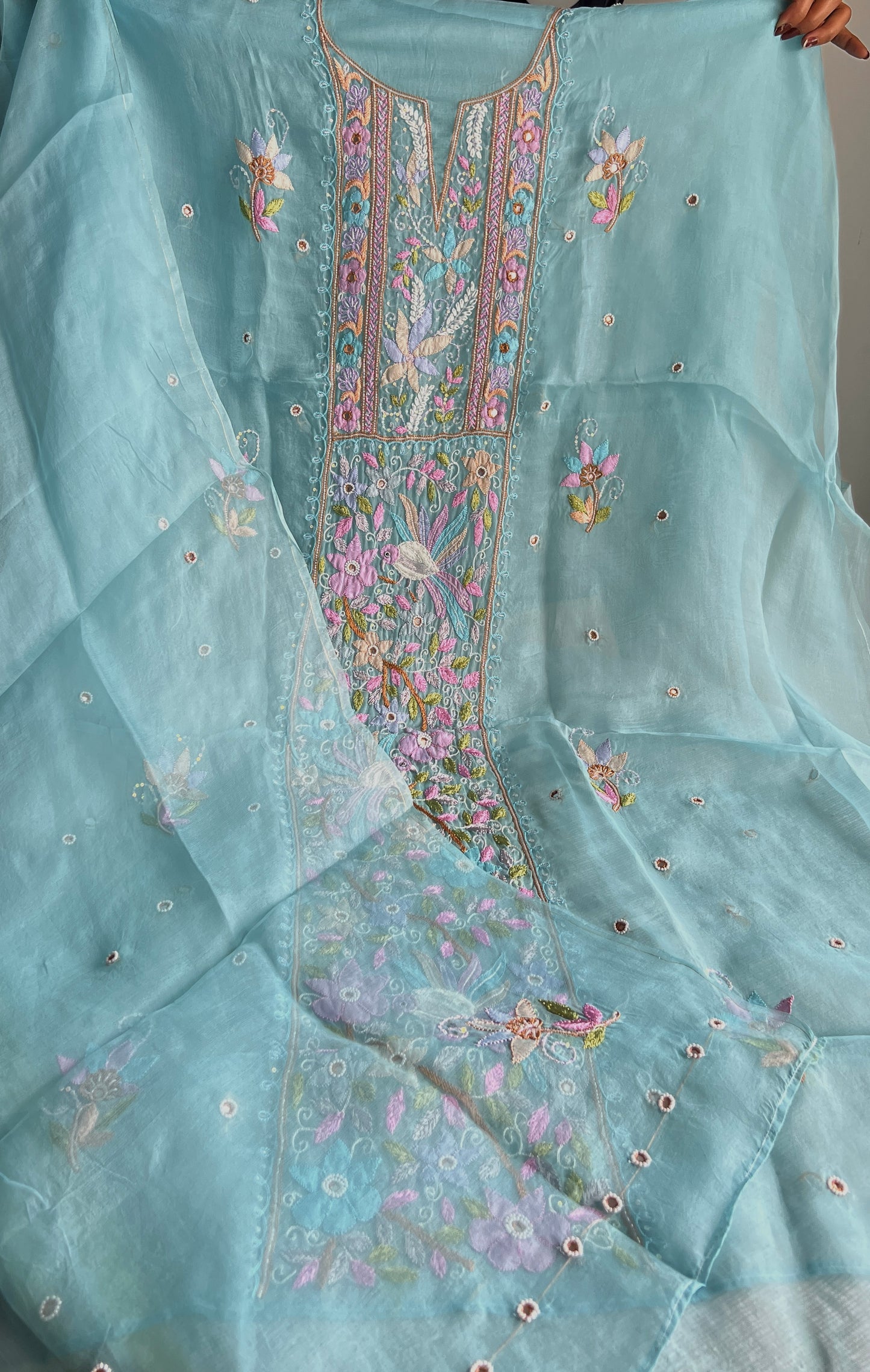 Firozi Resham Chikankari pure Organza kurta with dupatta