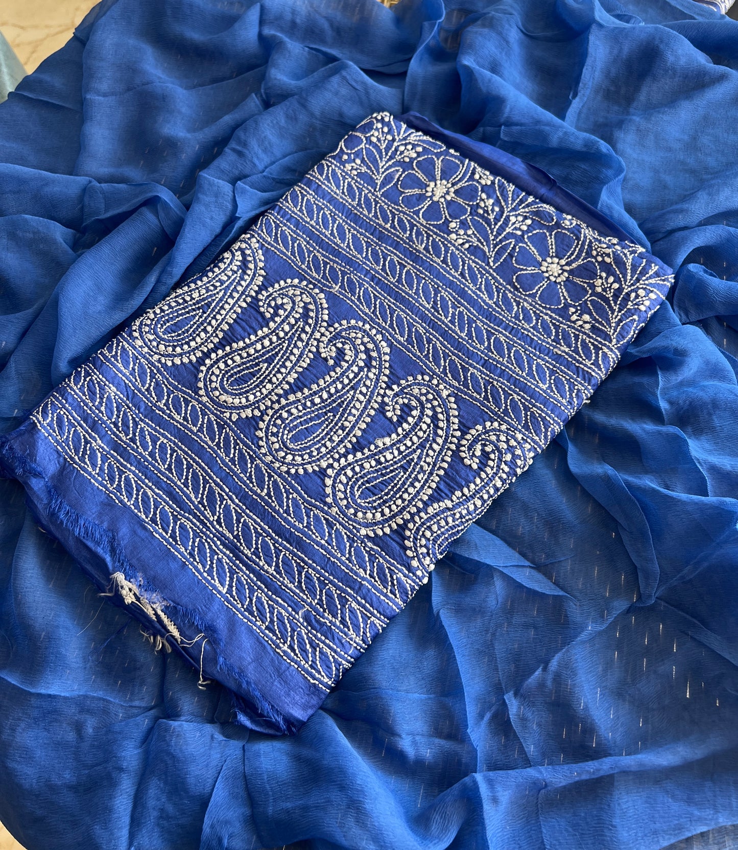 Tussar silk Chikankari embroidered kurta with chiffon dupatta