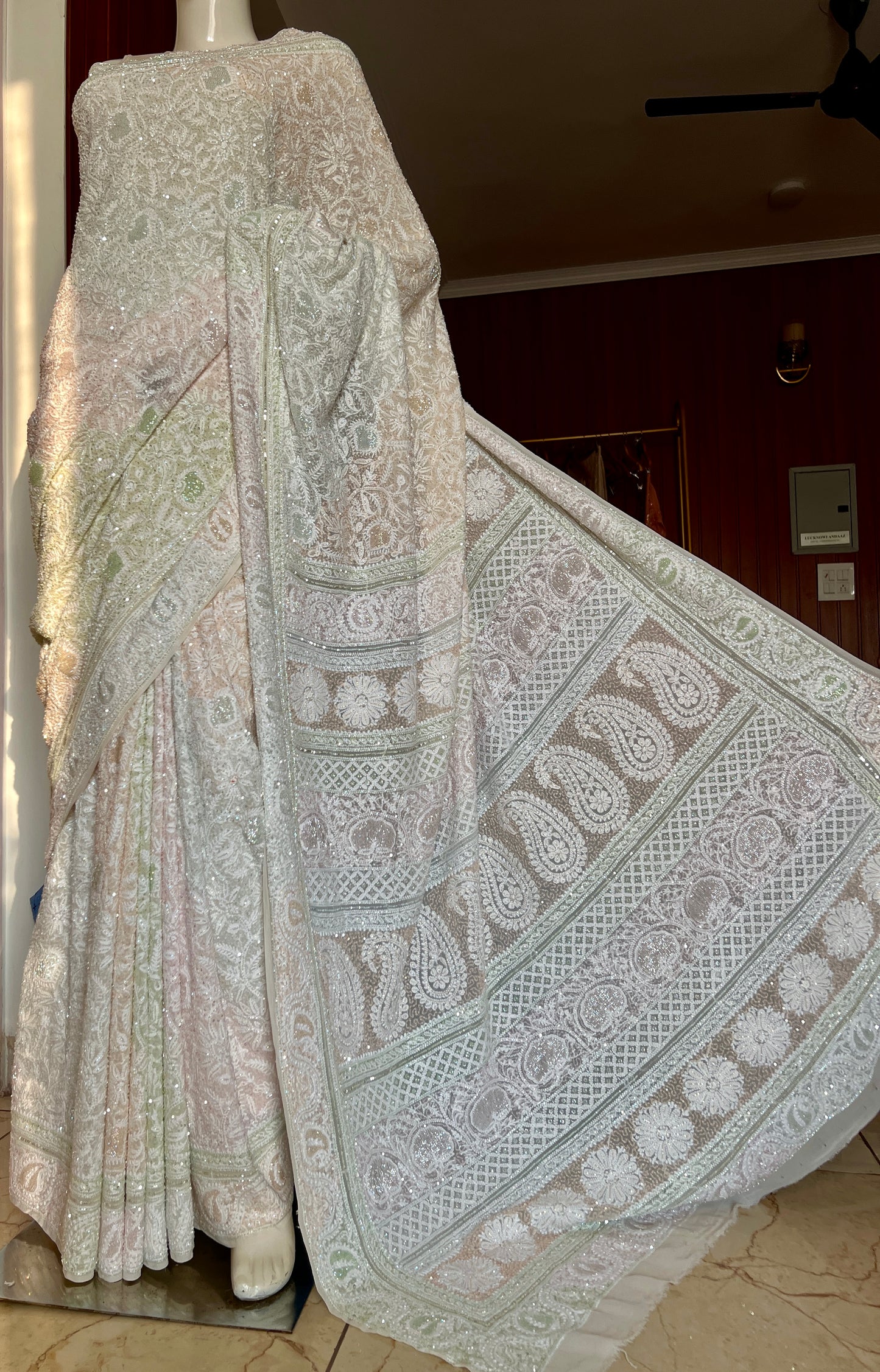 Ruhani Ivory Chikankari Multi Cut Dana and Sequins Saree