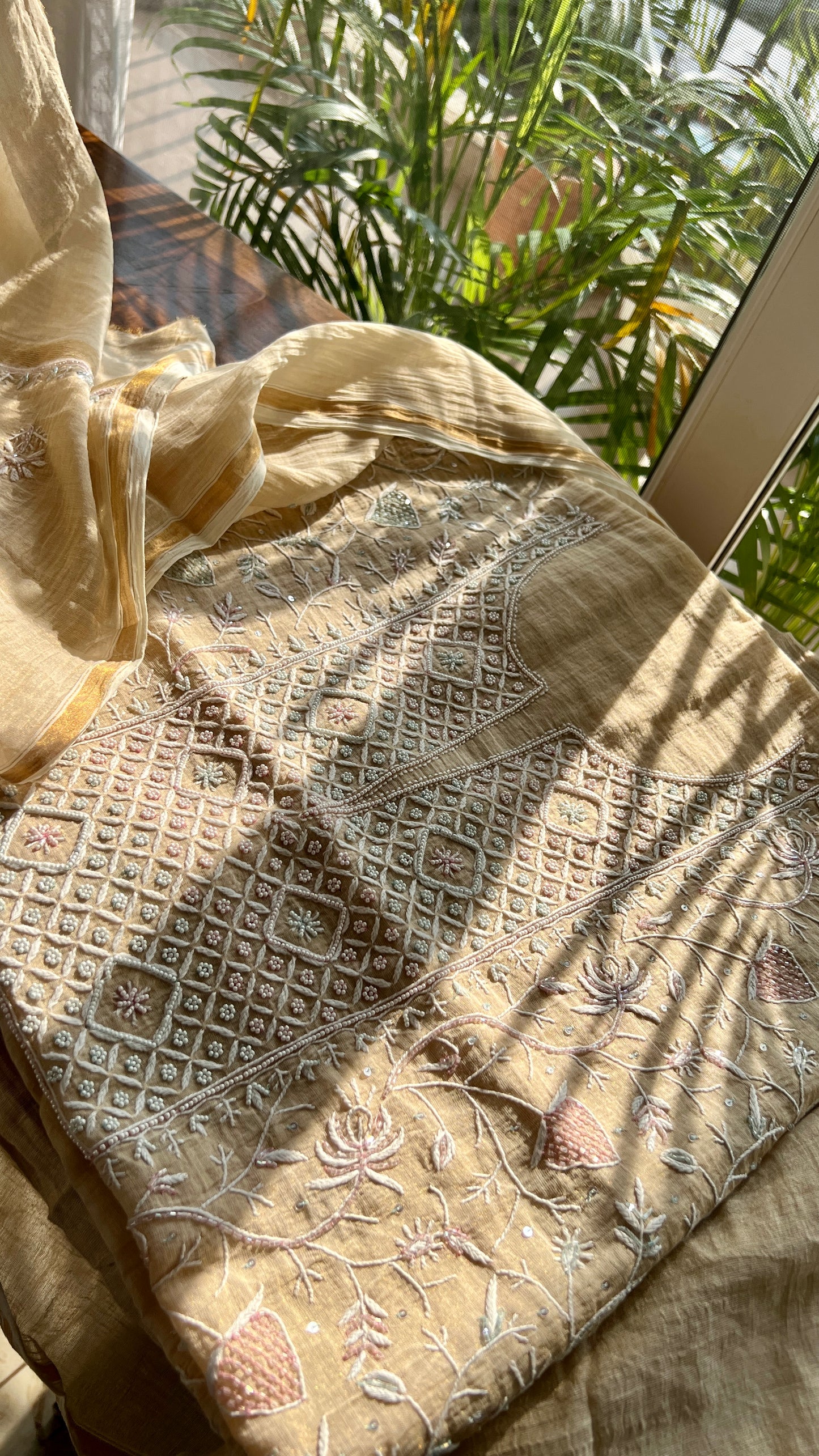 Pure Tissue Chikankari cut Dana and pearl embroidered kurta and dupatta