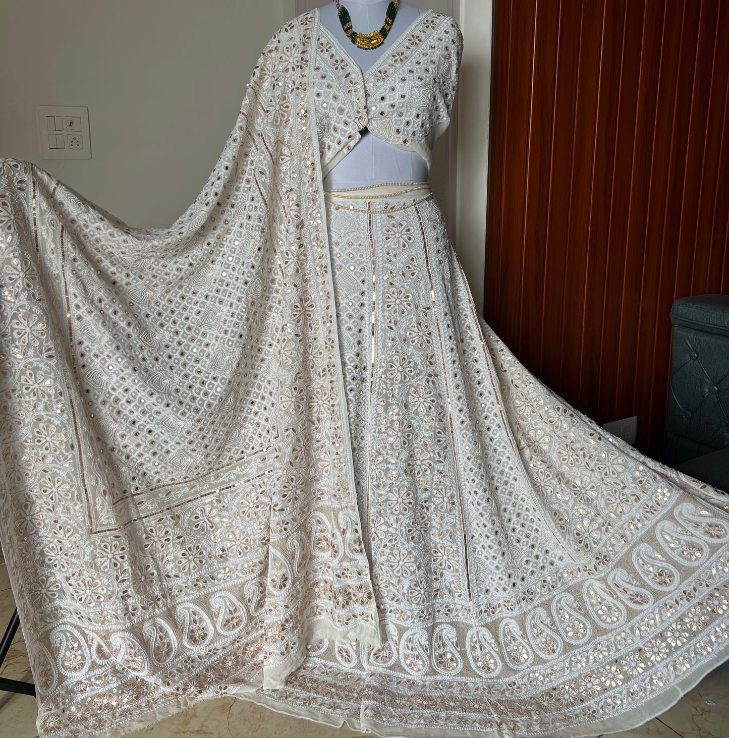 Ruhani Chikankari pearl mirror and sequins lehenga