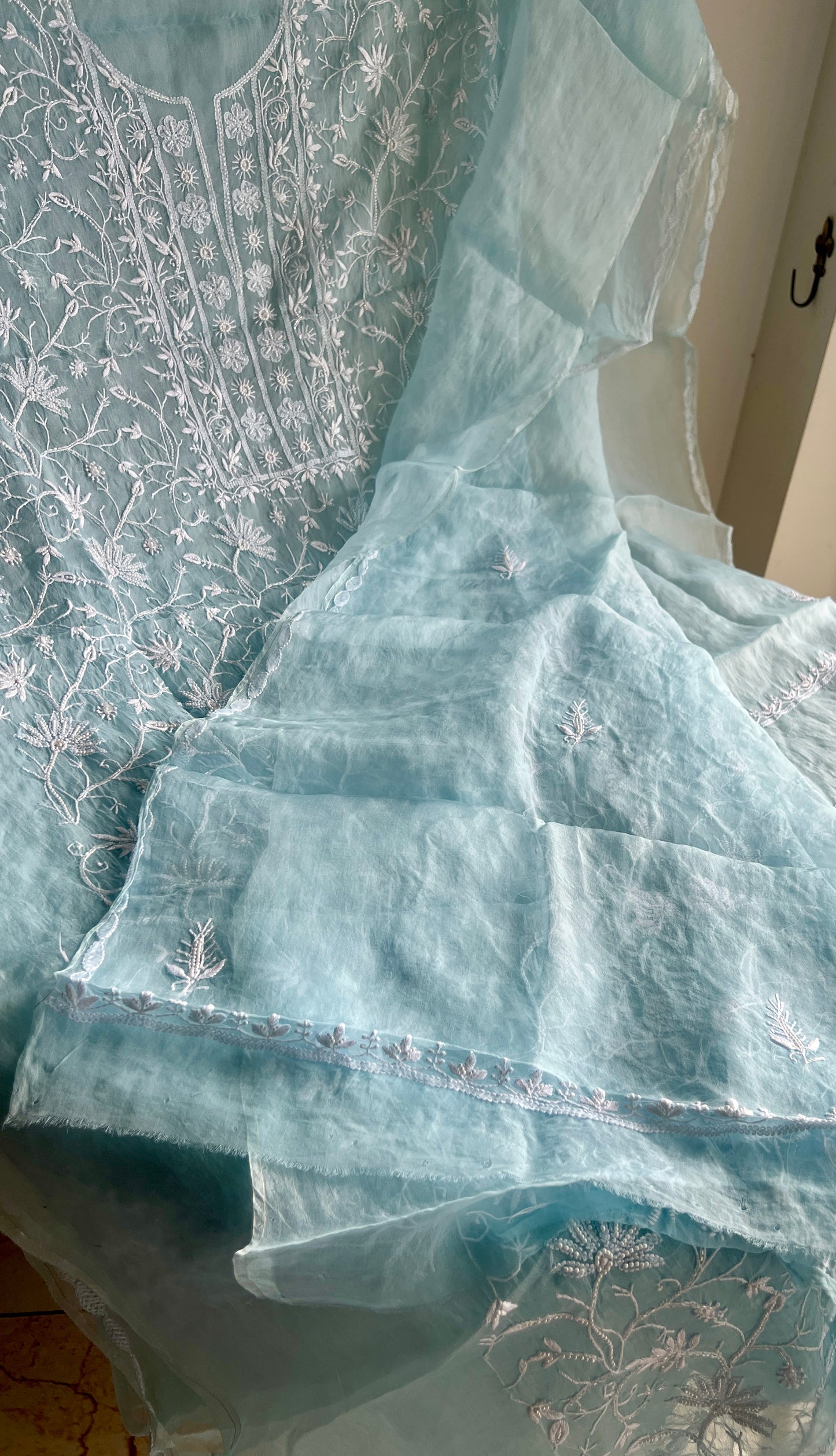 Sky blue chikankari pearl cut Dana work pure Organza kurta with dupatta
