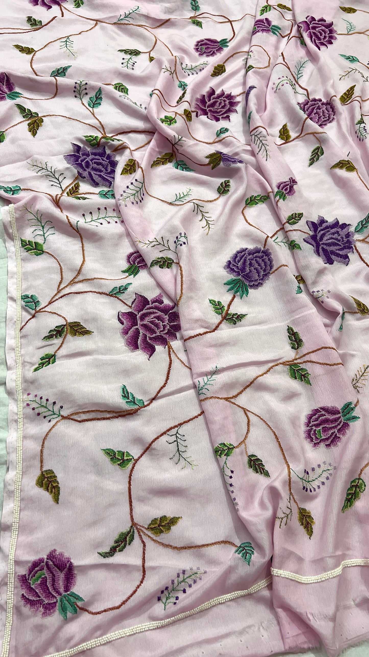Lilac Pink Masterpiece Petit Point Hand Embroidered Saree