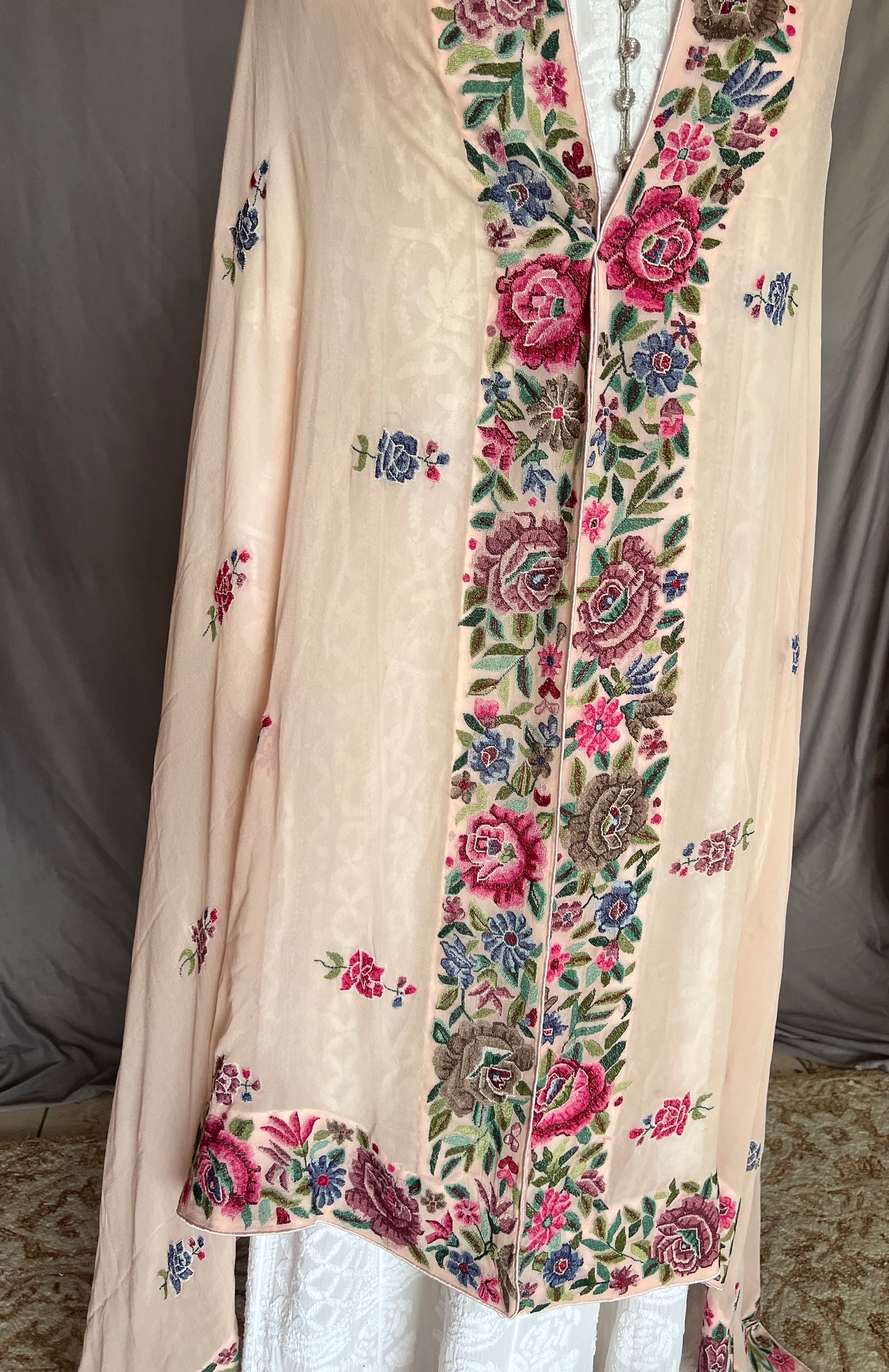 Powder pink Pure Georgette Dupatta With Petit point Hand Embroidery