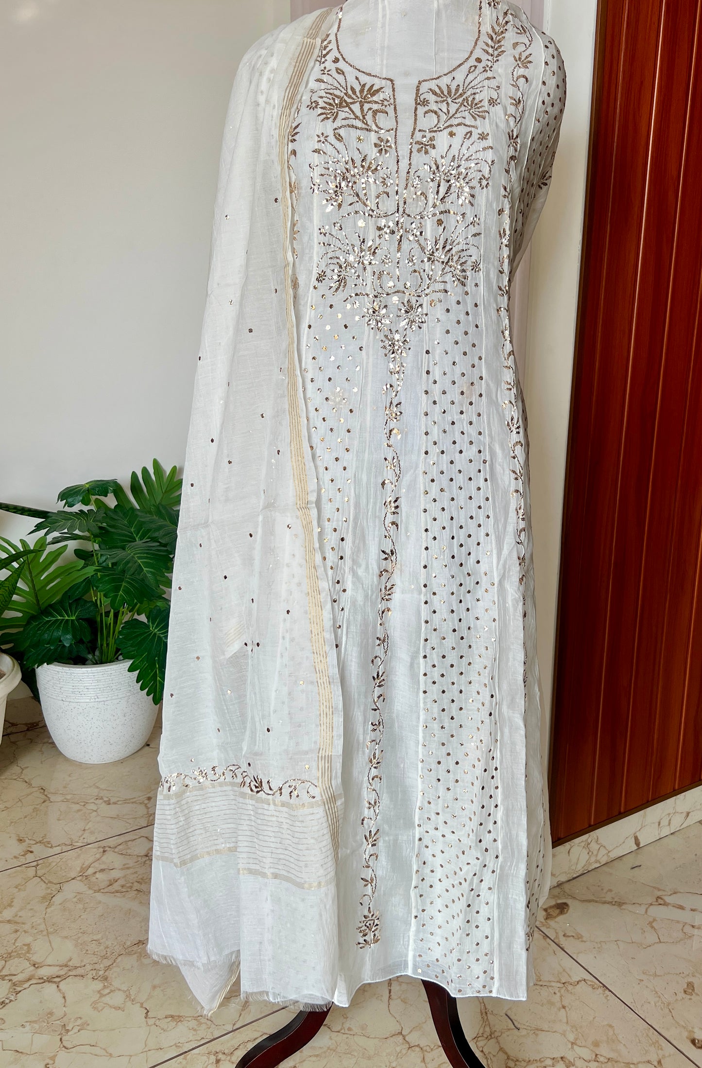 Mul Chanderi Anarkali with Badla and Mukaish work