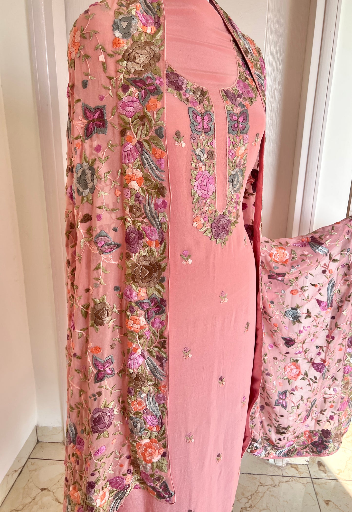 Coral Pink Hand Embroidered Parsi Gara full suit