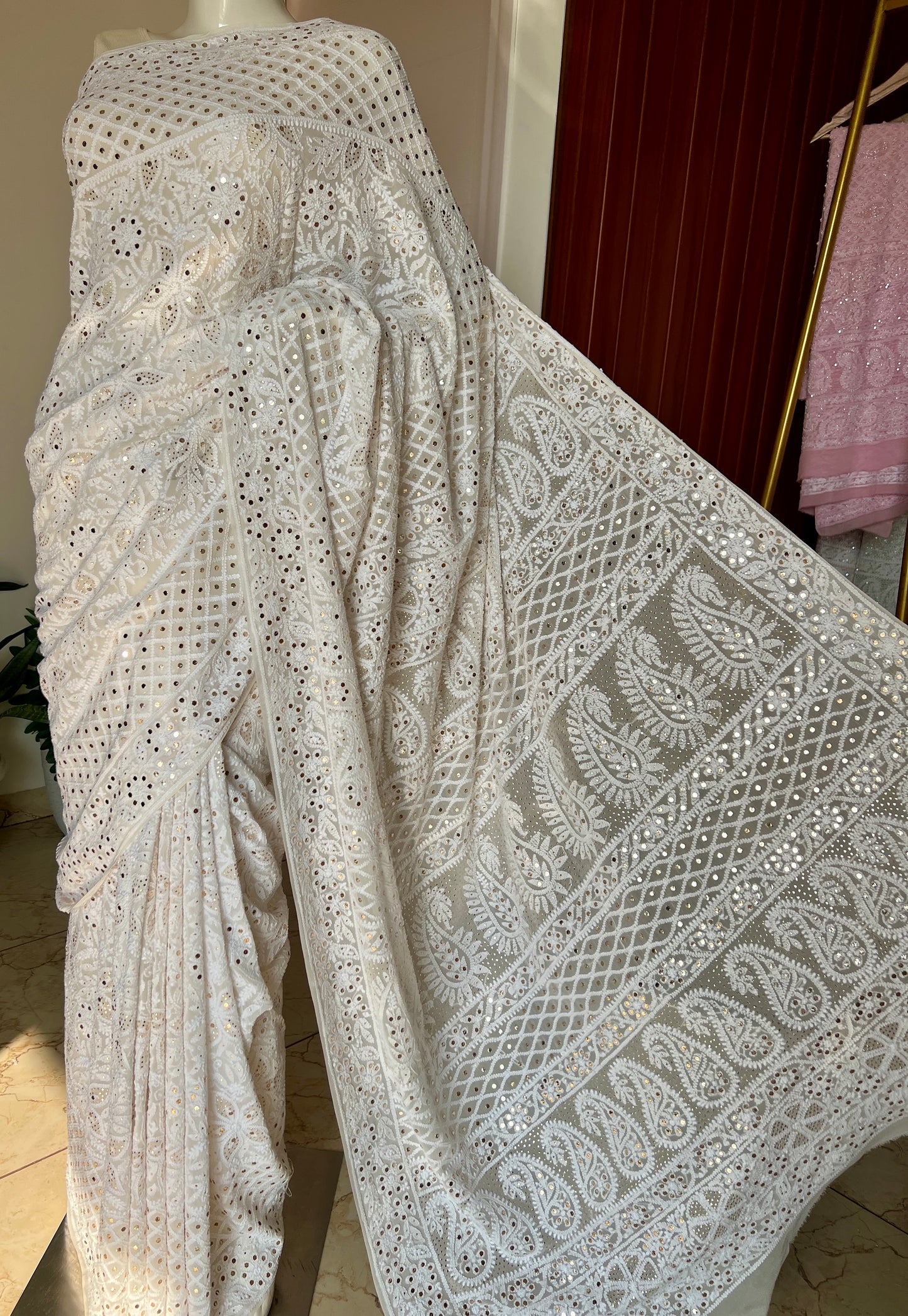 Ruhani Ivory Allover Designer Chikankari and Mukaish Saree