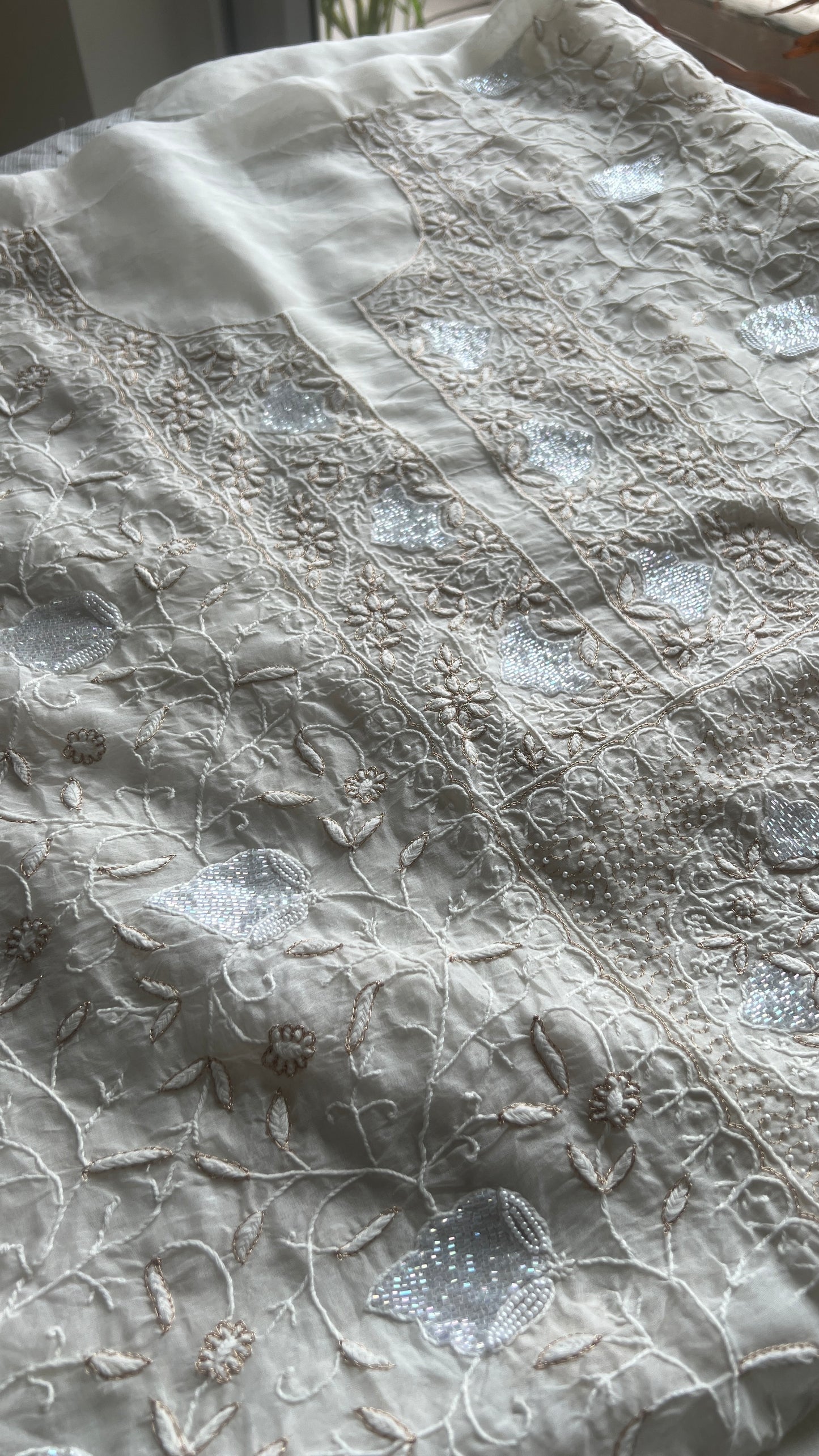 Ruhani Ivory masterpiece Chikankari pure Organza kurta with dupatta