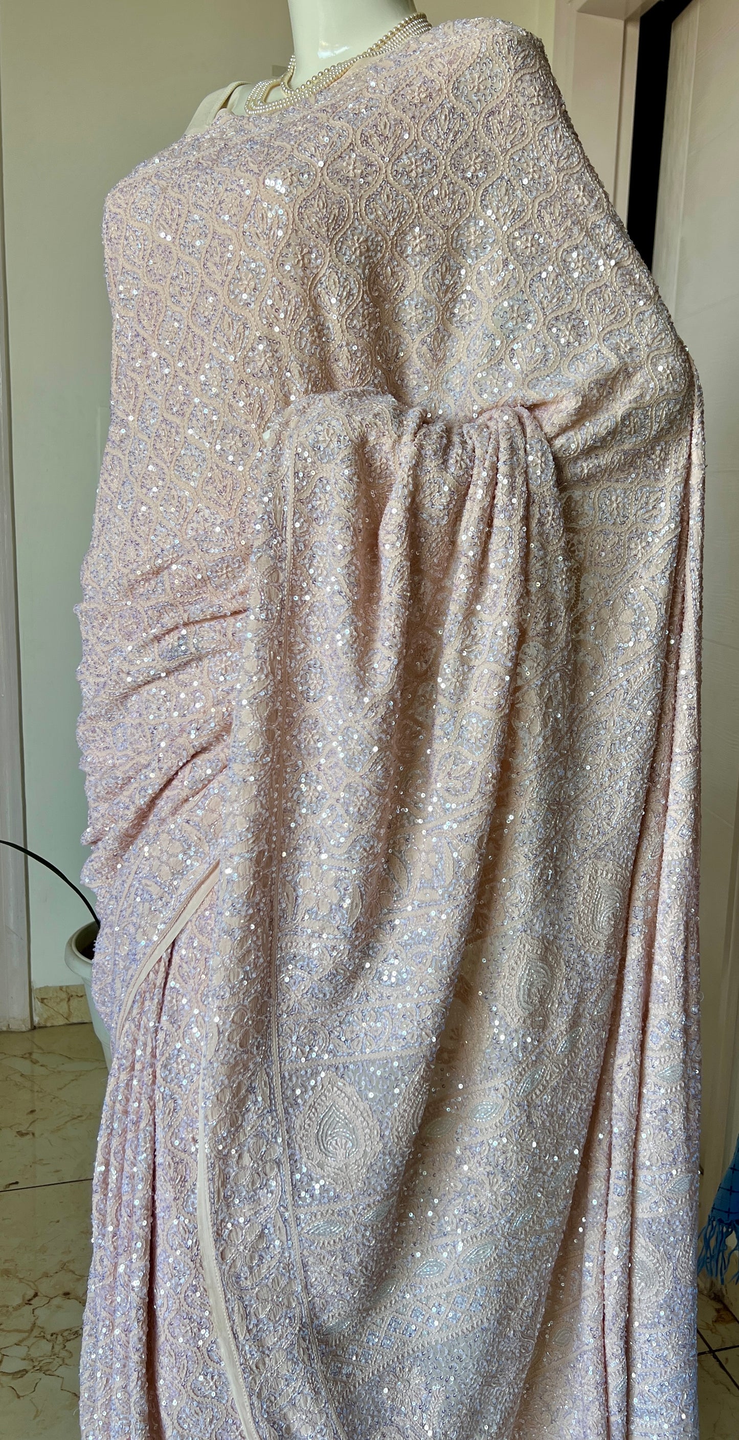 Ruhani Beige Chikankari Sequins Cut Dana Embroidered Masterpiece Saree