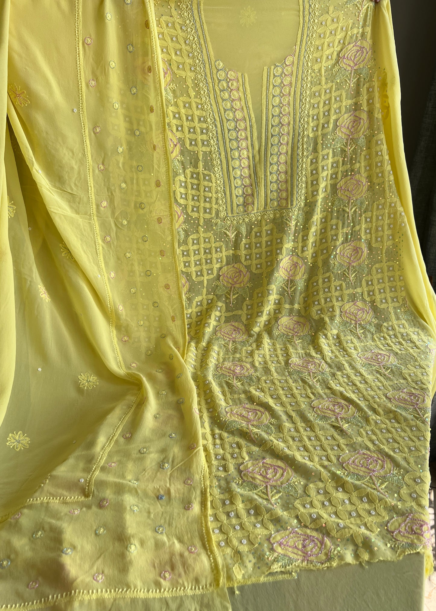Ruhani Bright Yellow Chikankari pearl cut dana Kurta and Dupatta