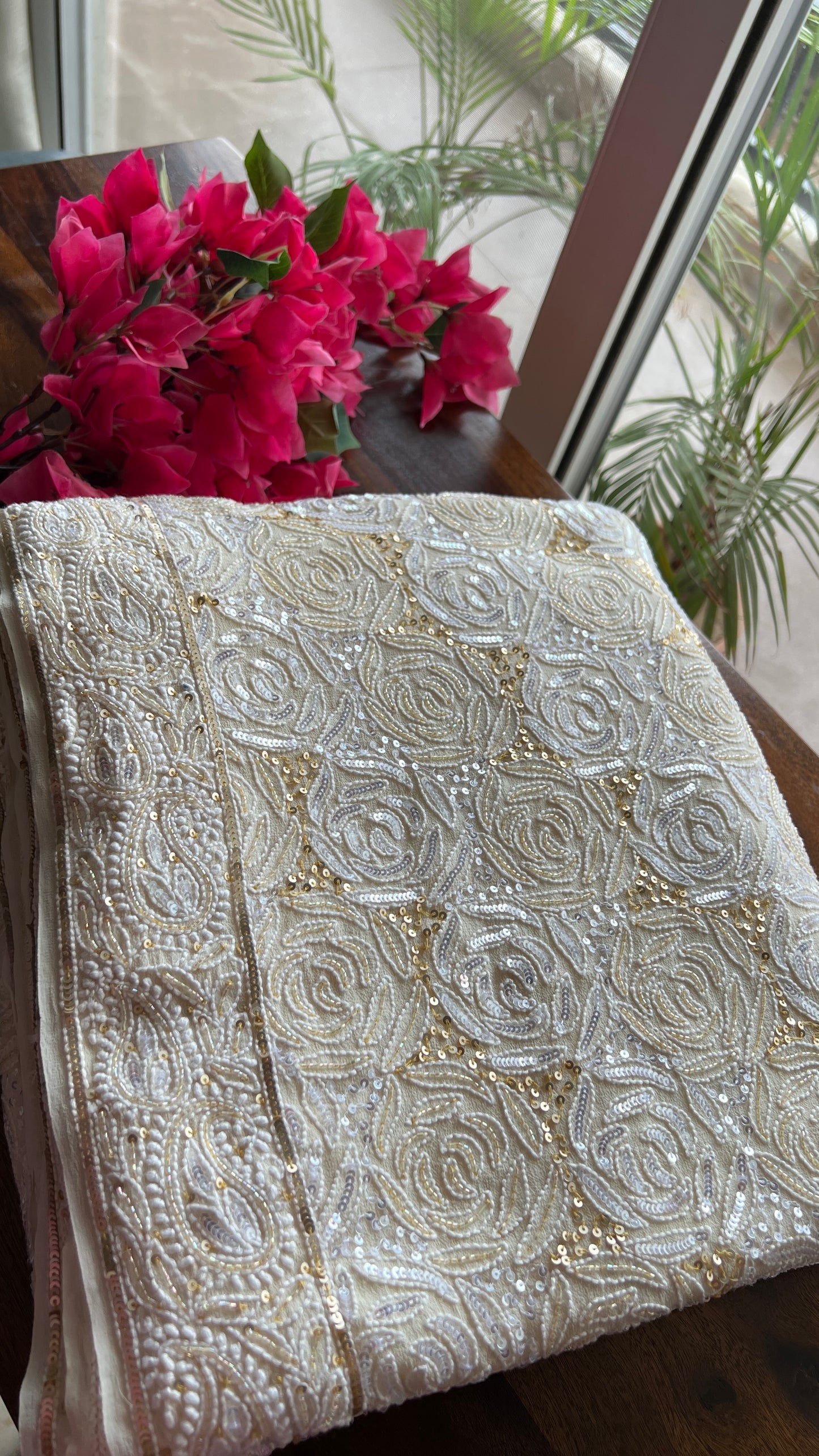 Ruhani Ivory Chikankari Sequins Cut Dana Embroidered Masterpiece Saree