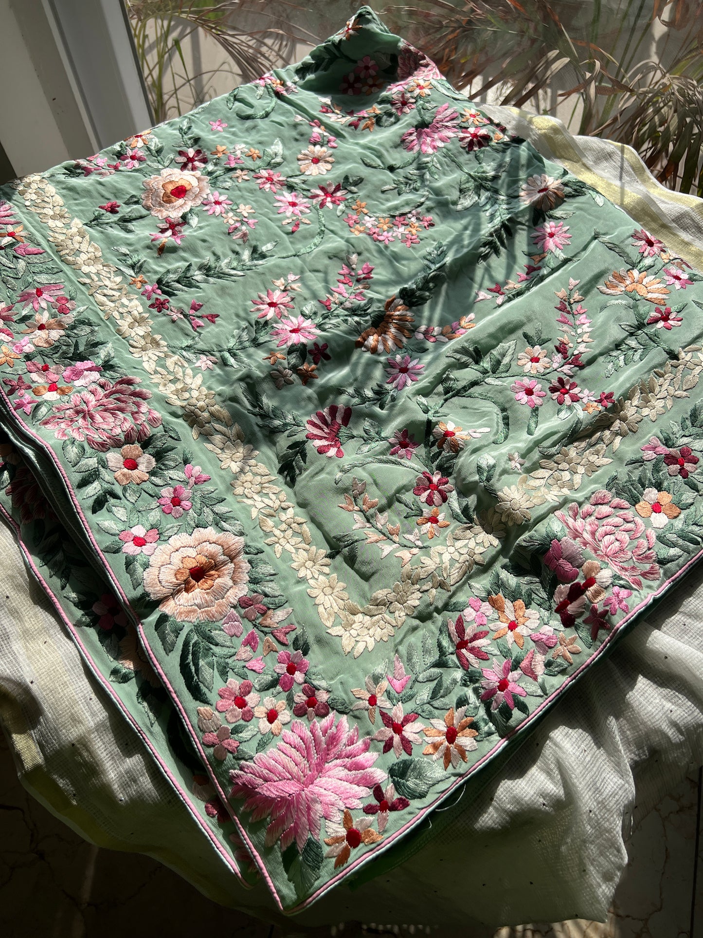 Mint Green Masterpiece Parsi Gara Pure Crepe Saree