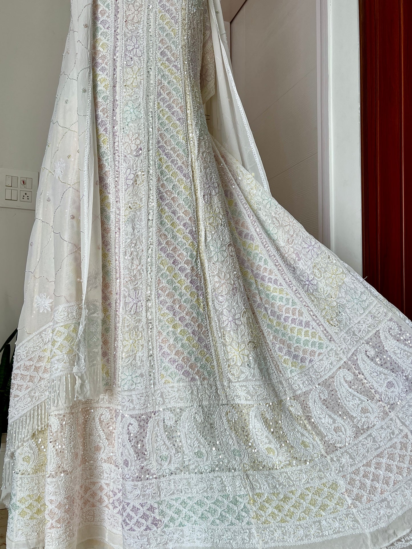 Ivory Chikankari multicolored Sequins and Cut Dana Anarkali