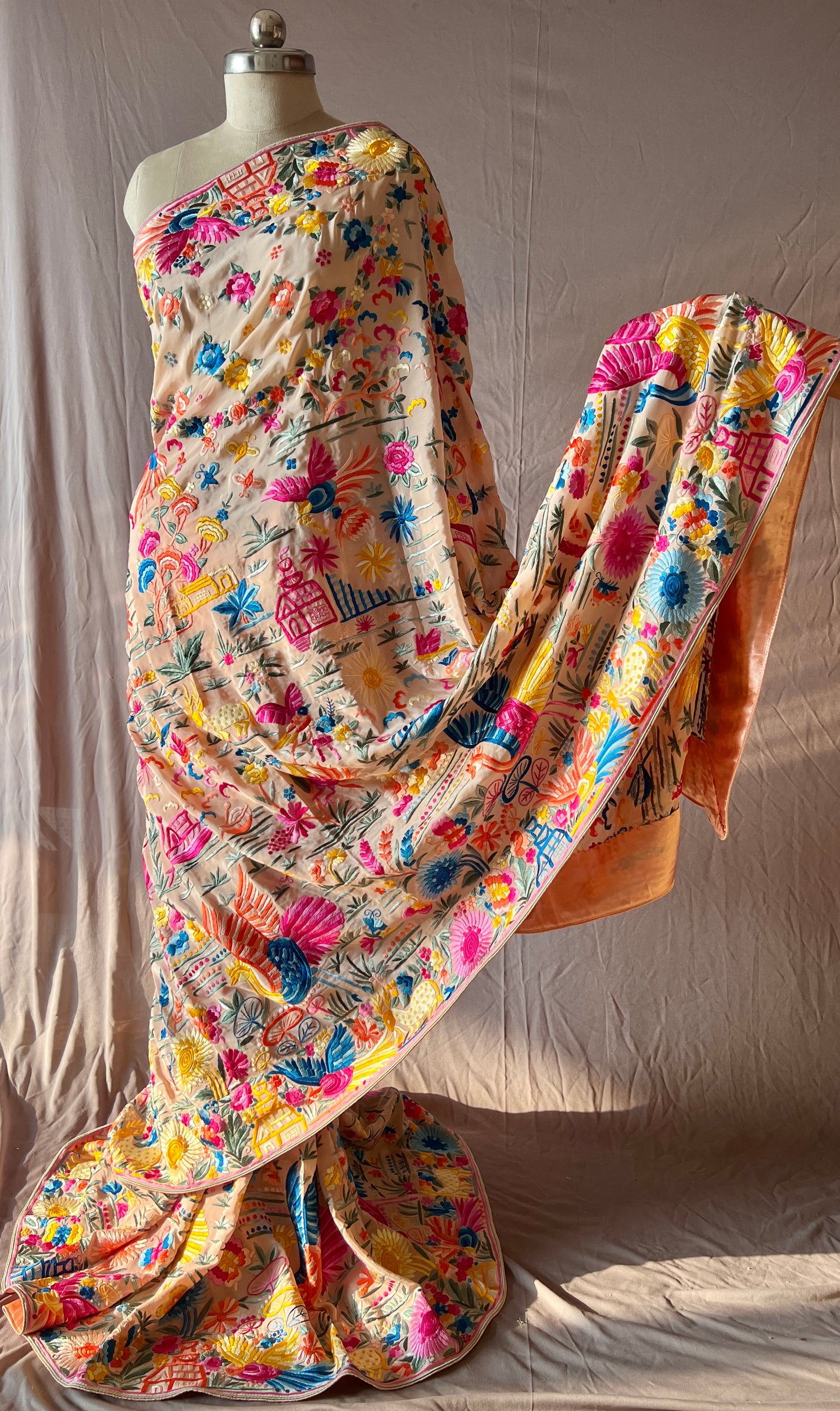 Flora and Fauna Parsi Gara Allover Hand Embroidered Saree on Pure Crepe