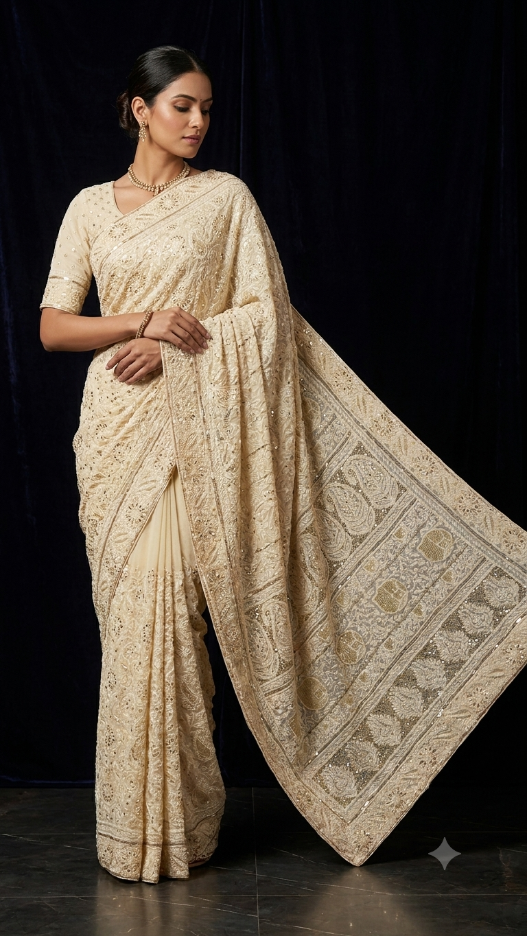 Ruhani Butter Cream Chikankari Sequins Cut Dana Embroidered Masterpiece Saree