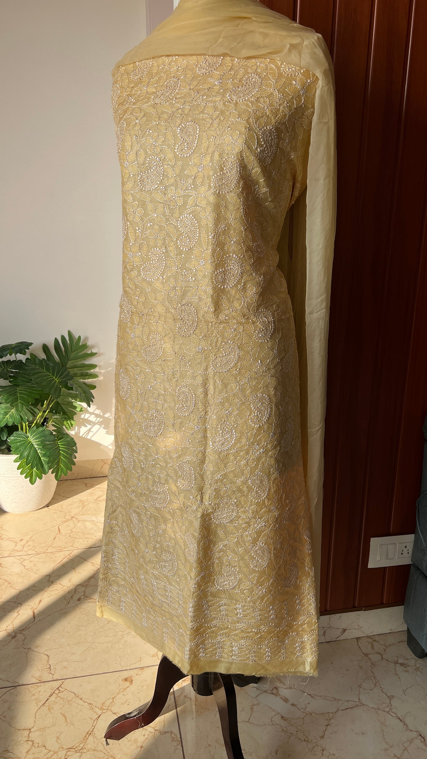 Tussar silk Chikankari embroidered kurta with chiffon dupatta
