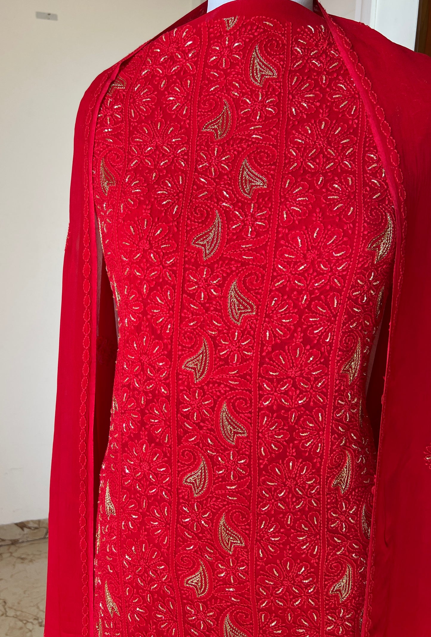Red Chikankari golden Cut Dana and aari work Kurta and Dupatta