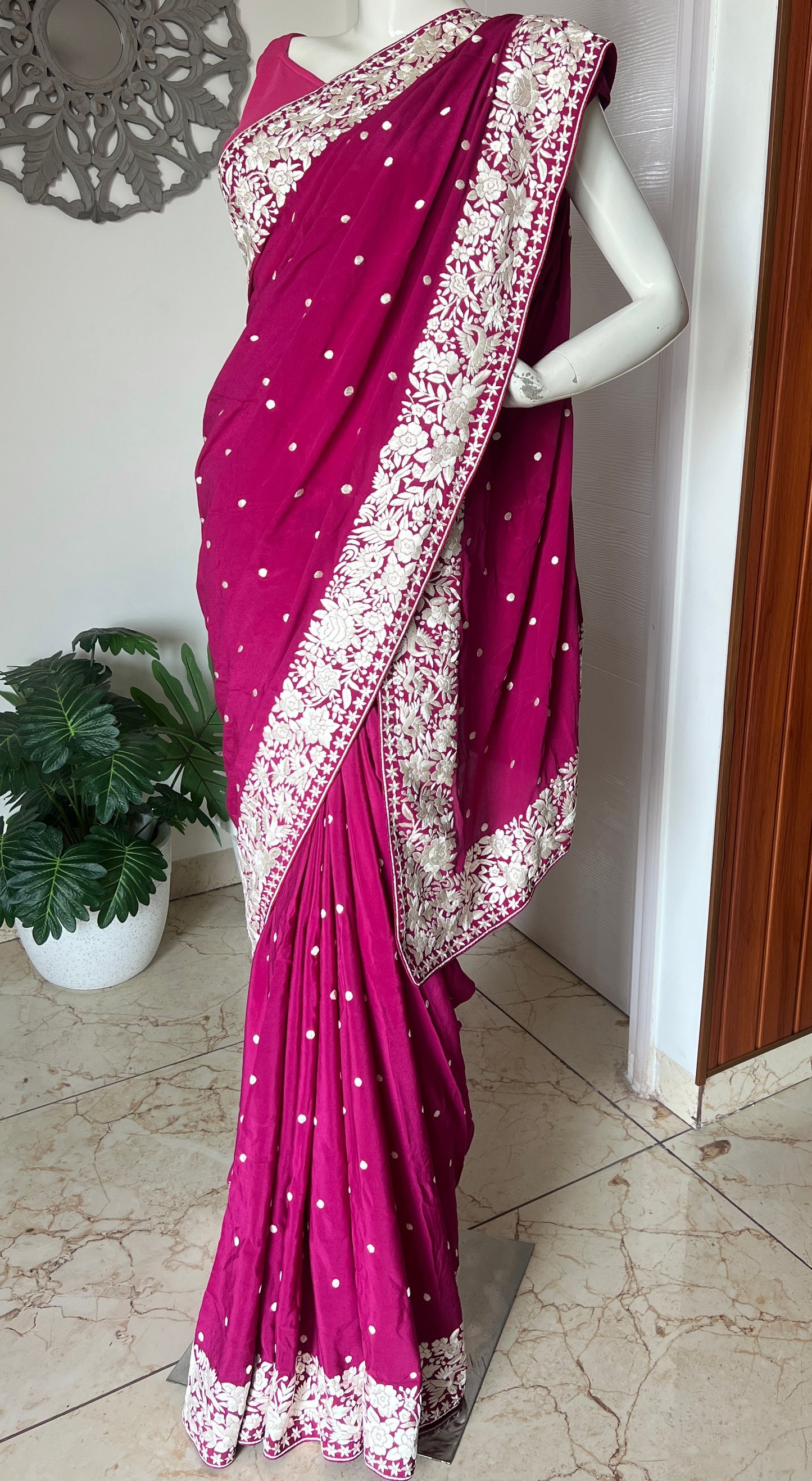 Fuchsia Pink Pure Crepe Parsi Gara Hand Embroidered Saree