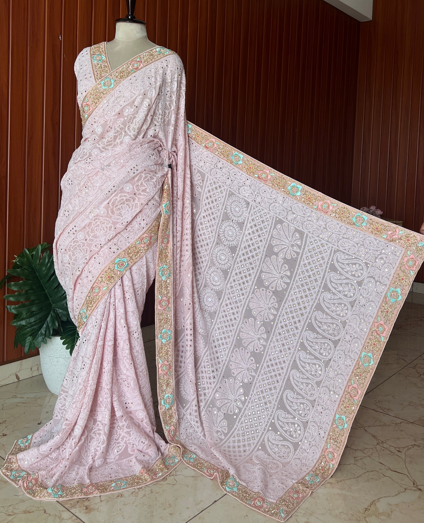 Ruhani Dusty Pink Chikankari and Mukaish Saree with designer border