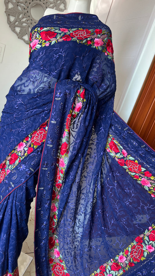 Navy Blue Pure Georgette saree with allover Parsi gara and french knot hand embroidery