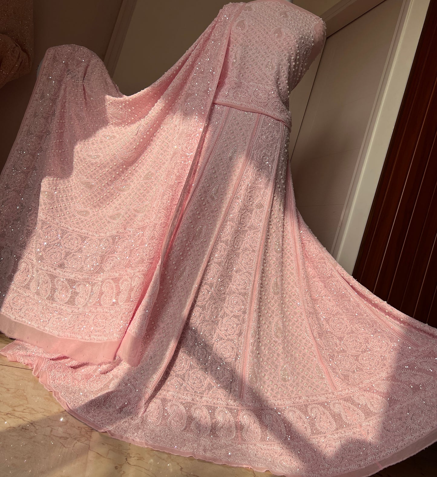 Ruhani Pink Chikankari Pearl Cut Dana Sequins Wedding Lehenga
