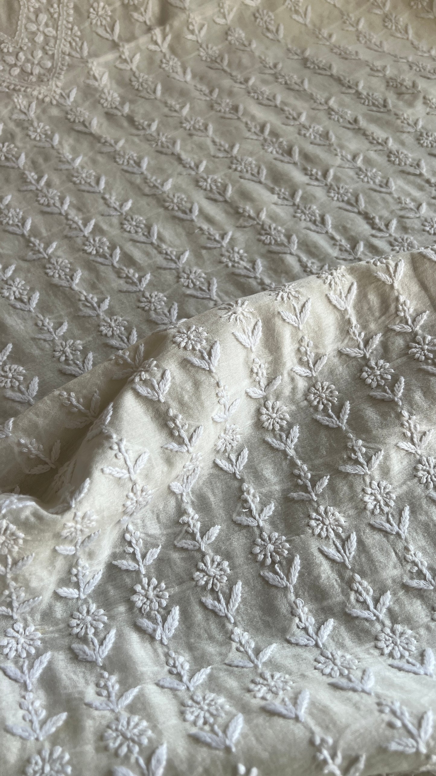 Ivory Chanderi Silk Men's Kurta fabric with fine Chikankari