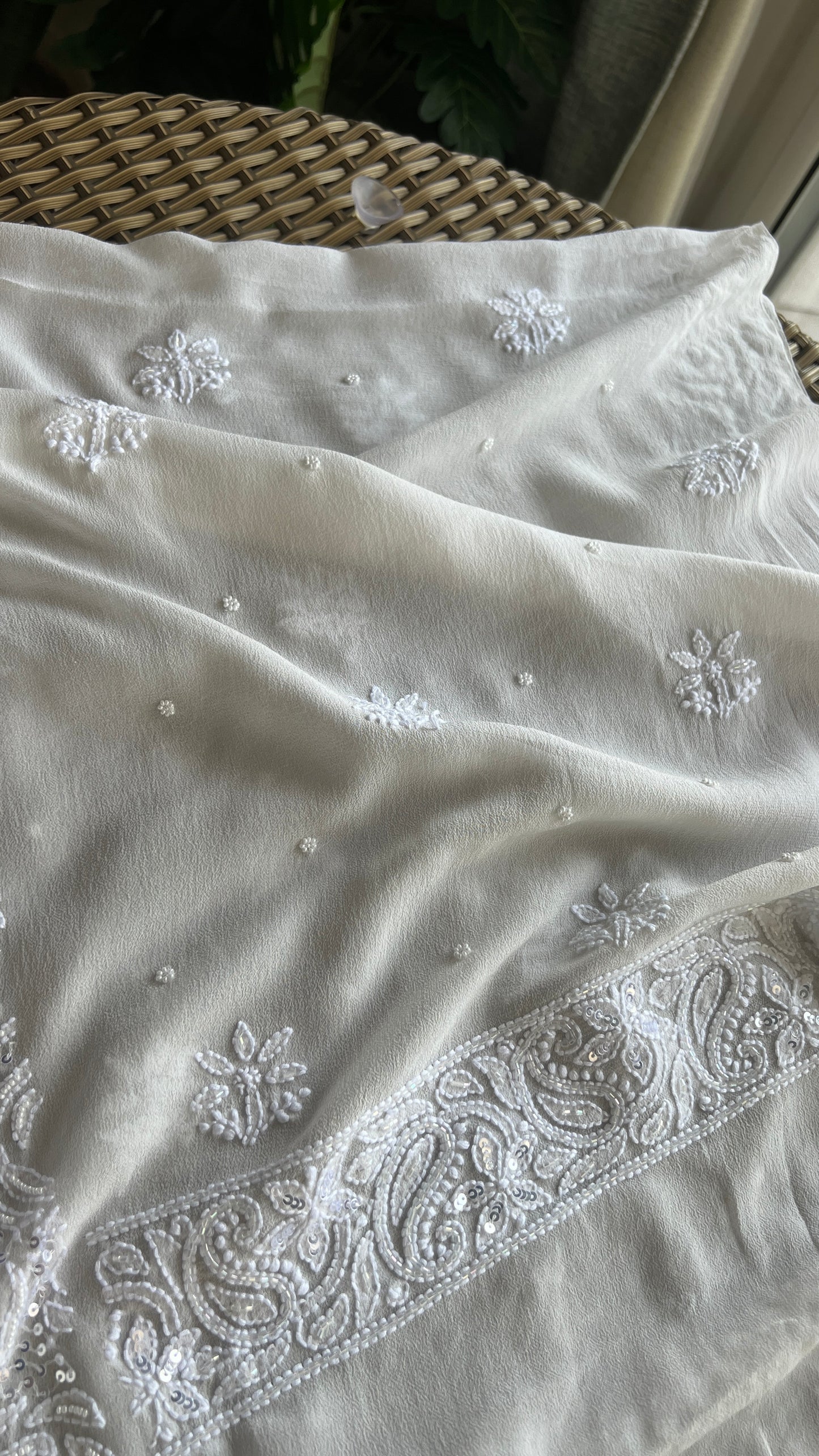 White fine Chikankari Pearl and sequins Embroidered Kurta and Dupatta
