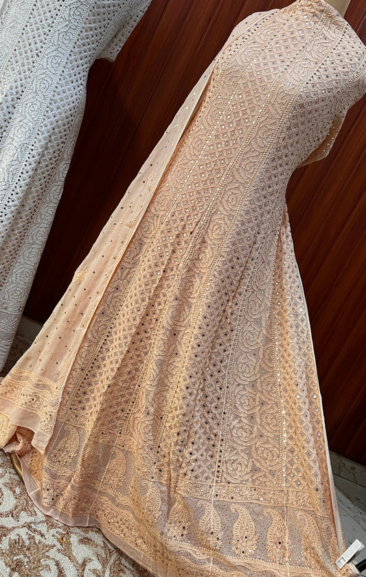 Dusty peach allover Chikankari and mukaish anarkali with dupatta