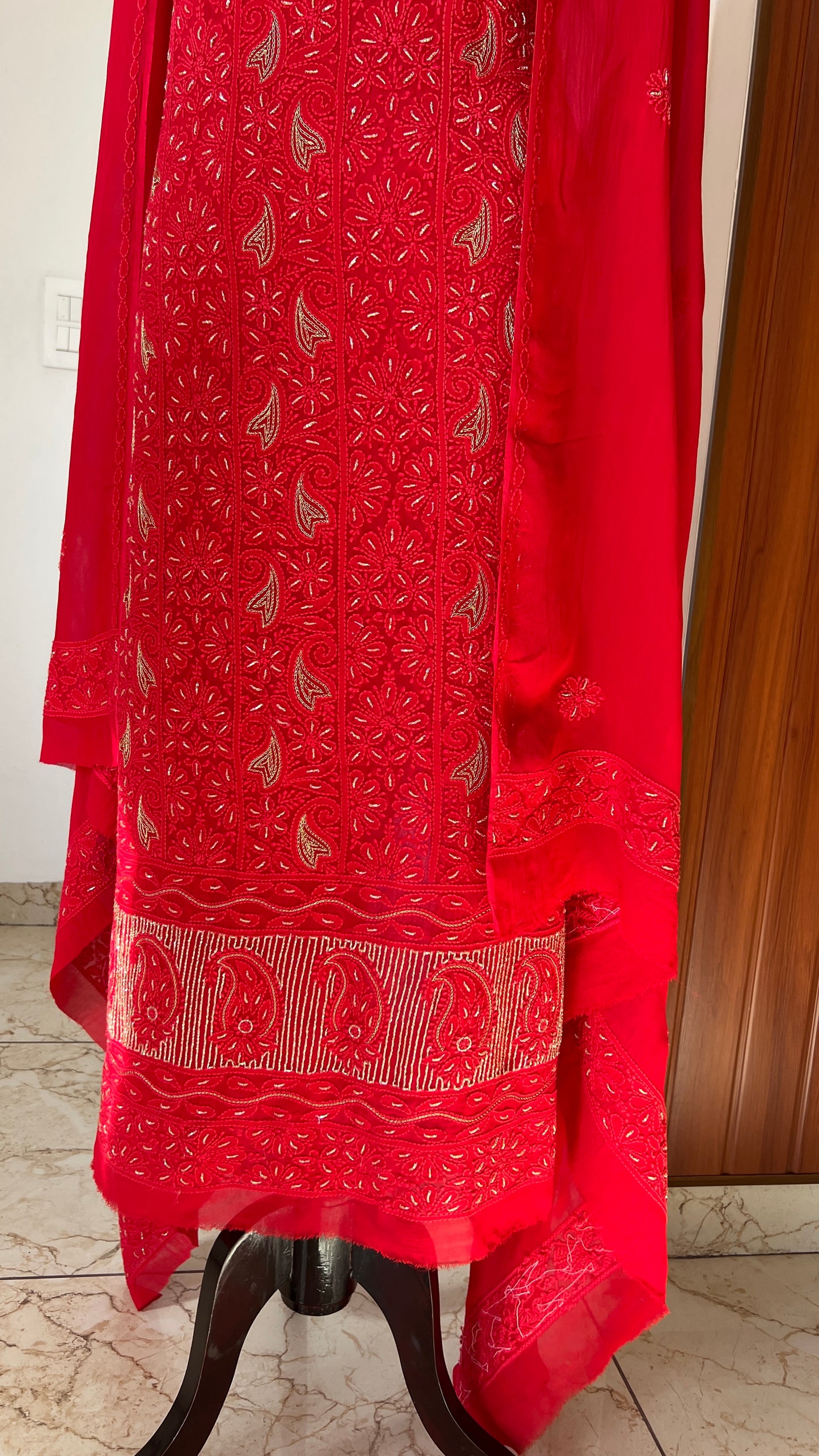 Red Chikankari golden Cut Dana and aari work Kurta and Dupatta