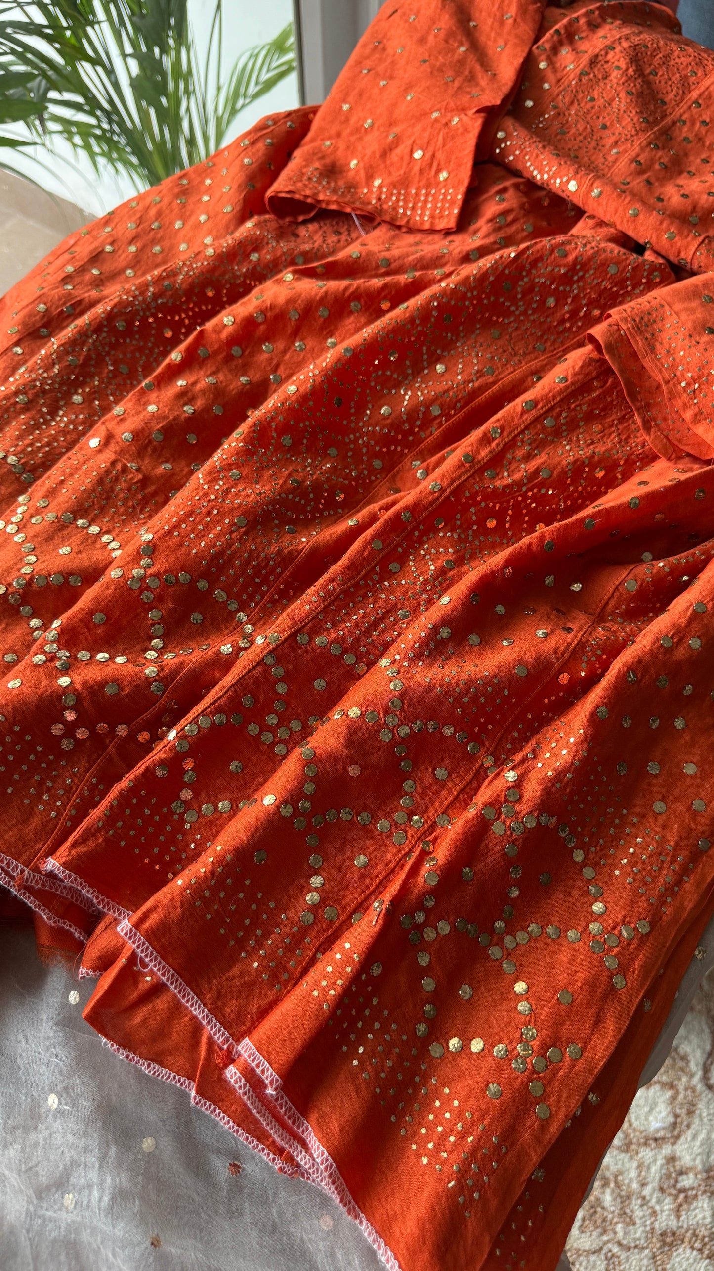 Rust Orange Allover Heavy Mukaish Chanderi Silk Anarkali with Dupatta