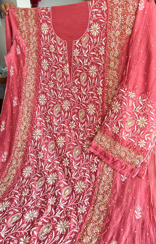 Moonga Silk Chikankari golden cut dana sequins kurta and dupatta