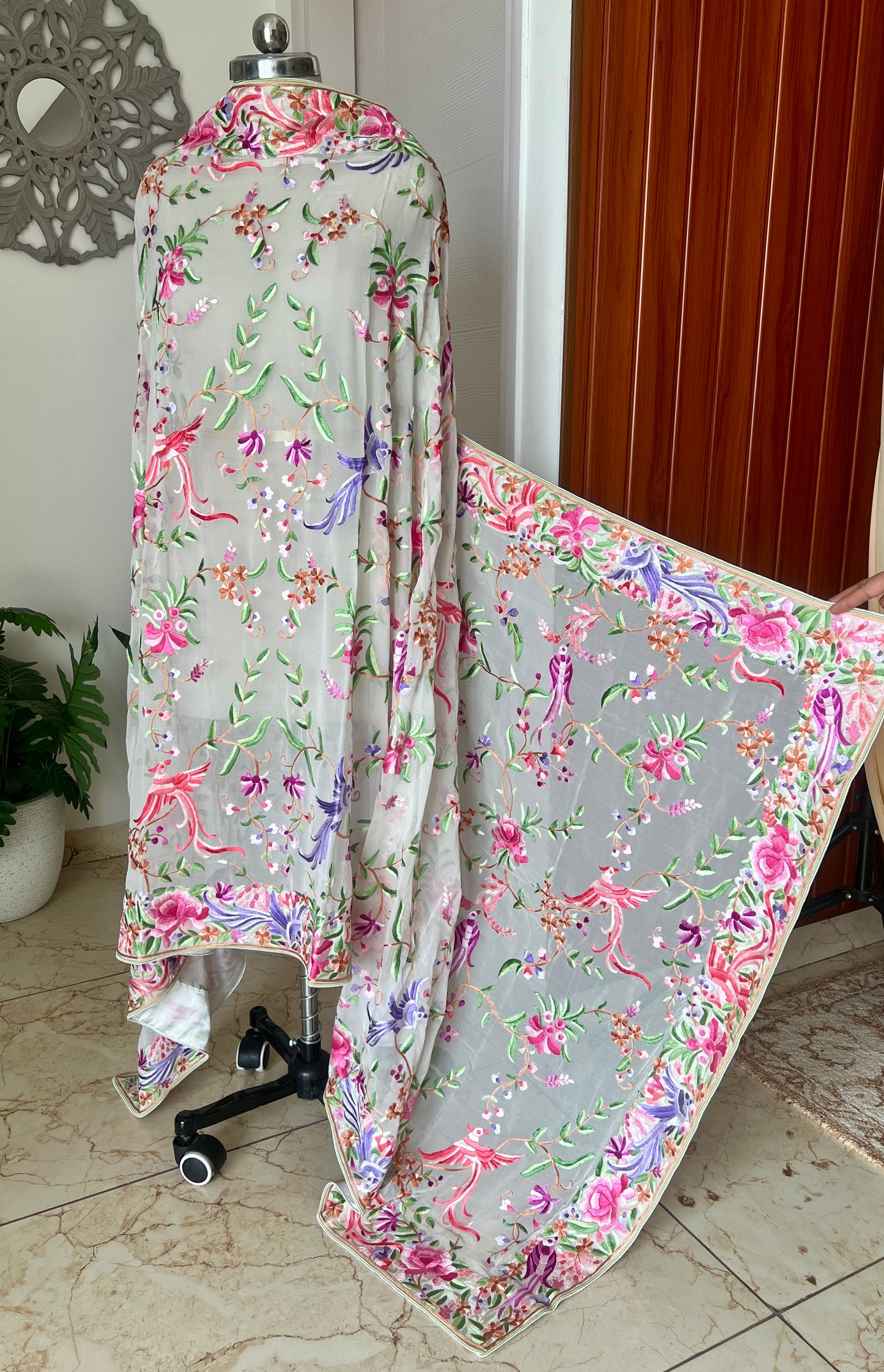 Ivory Masterpiece Parsi Gara Hand Embroidered Dupatta