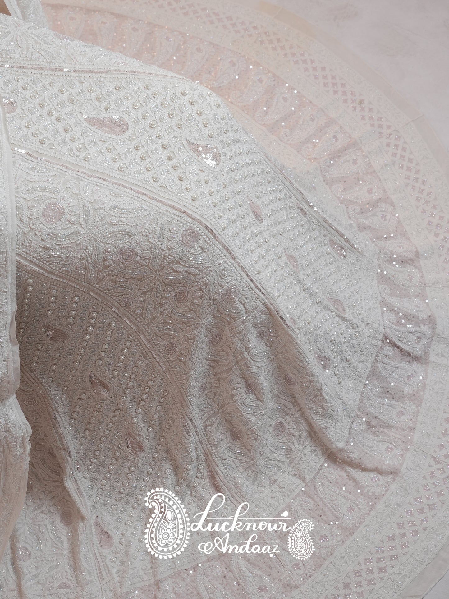 Ruhani Ivory Chikankari Pearl and Pink Cut Dana Sequins Wedding Lehenga