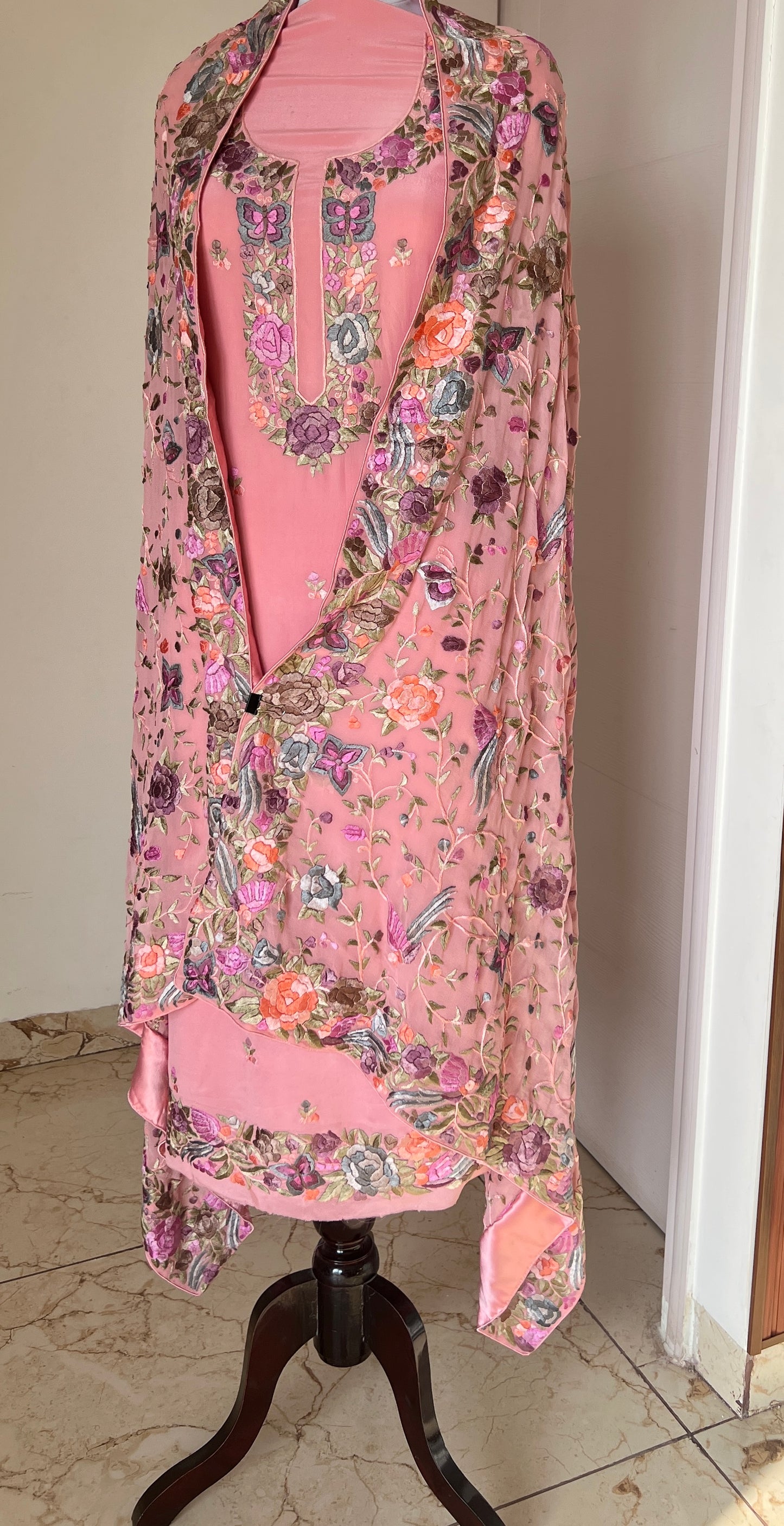 Coral Pink Hand Embroidered Parsi Gara full suit