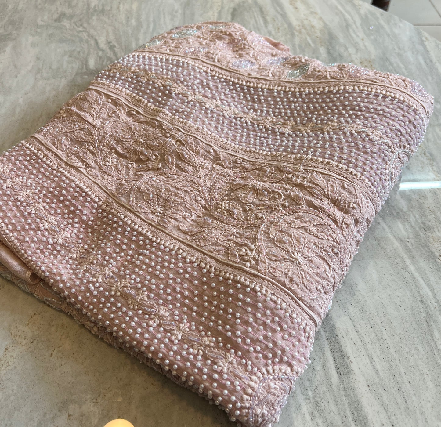 Nude Pink Chikankari Pearl and Cut Dana Embroidered Anarkali with Dupatta