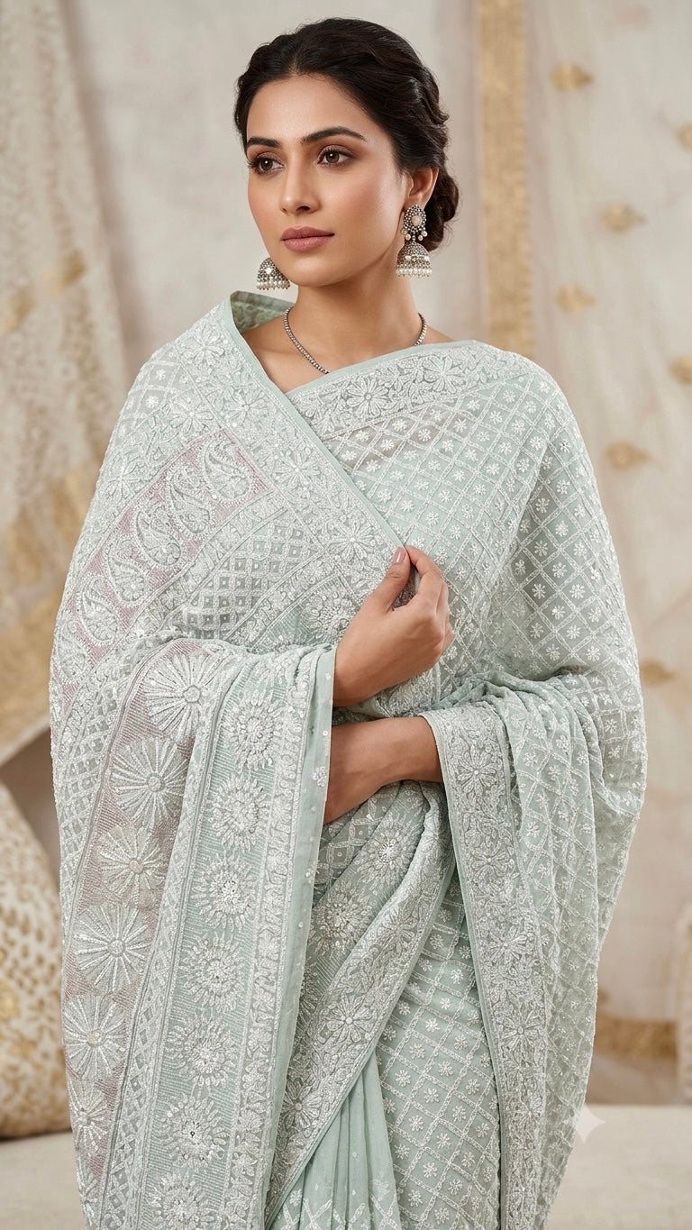 Ruhani Sage Blue Chikankari Cut Dana and Sequins Saree