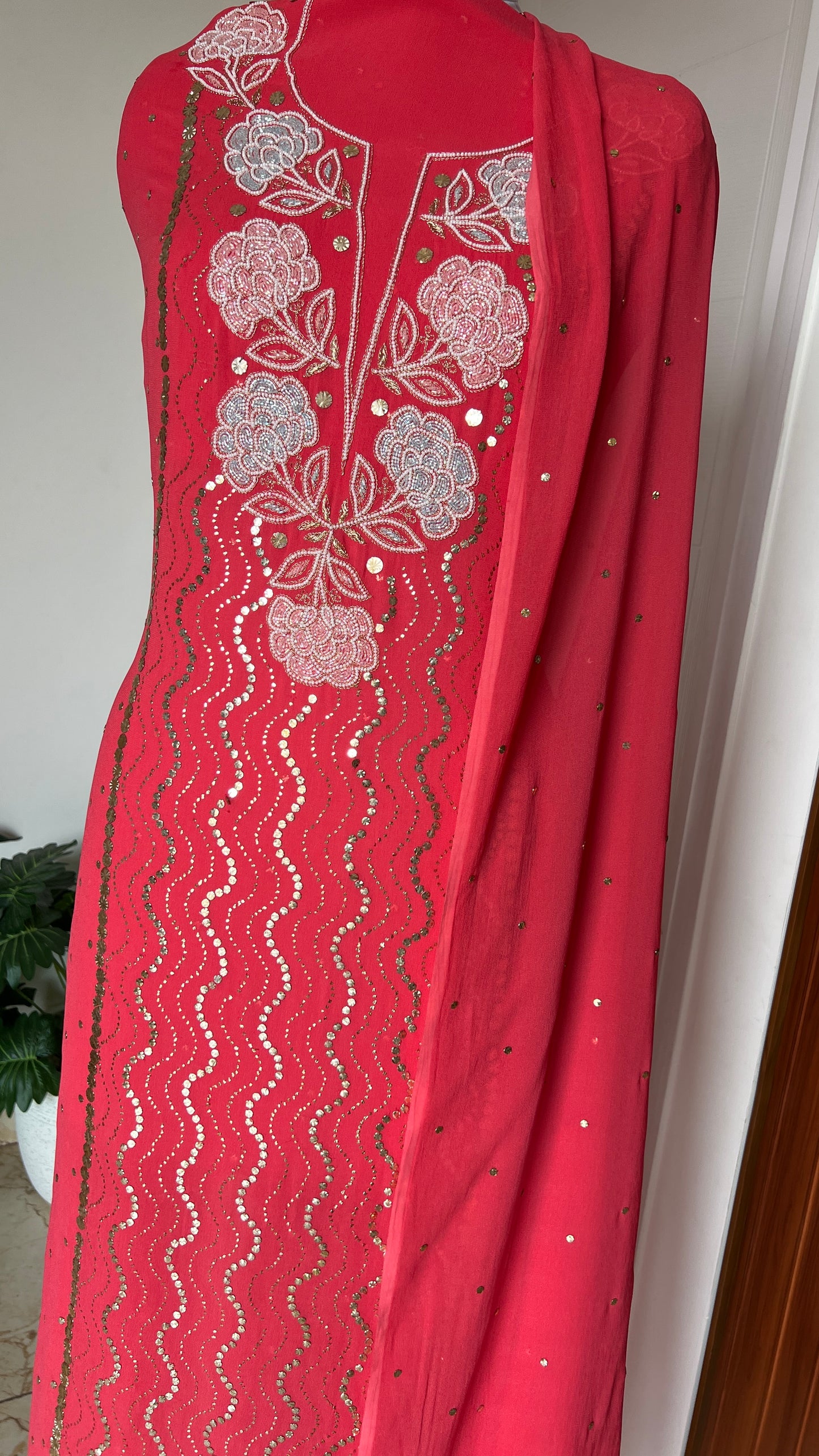 Raspberry red mukaish and cut Dana work Kurta and Dupatta