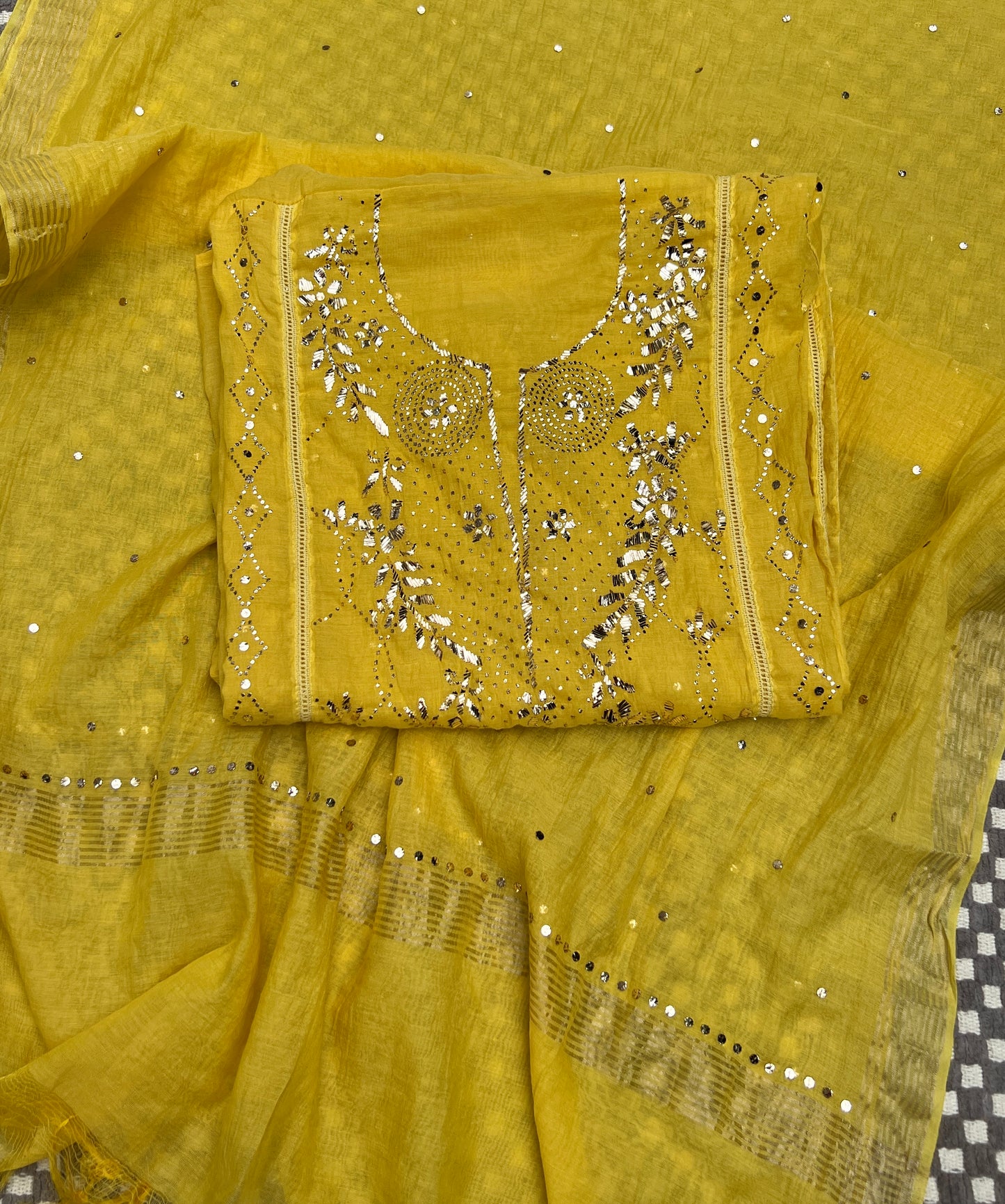 Yellow Mukaish work Mul Chanderi kurta with dupatta