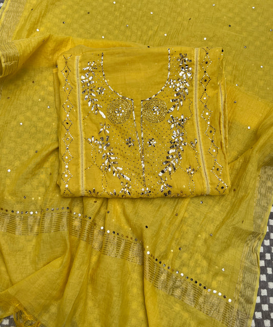 Yellow Mukaish work Mul Chanderi kurta with dupatta